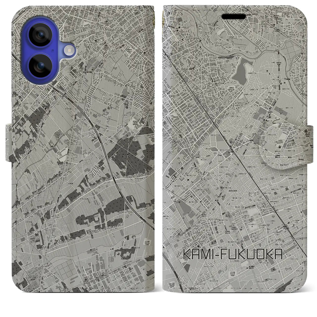 【上福岡(埼玉県)】地図柄iPhoneケース(手帳タイプ)モノトーン・iPhone 16 Pro Max 用