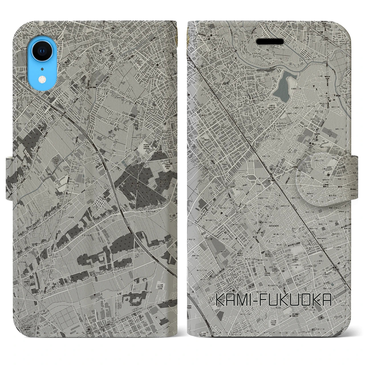 【上福岡(埼玉県)】地図柄iPhoneケース(手帳タイプ)モノトーン・iPhone XR 用