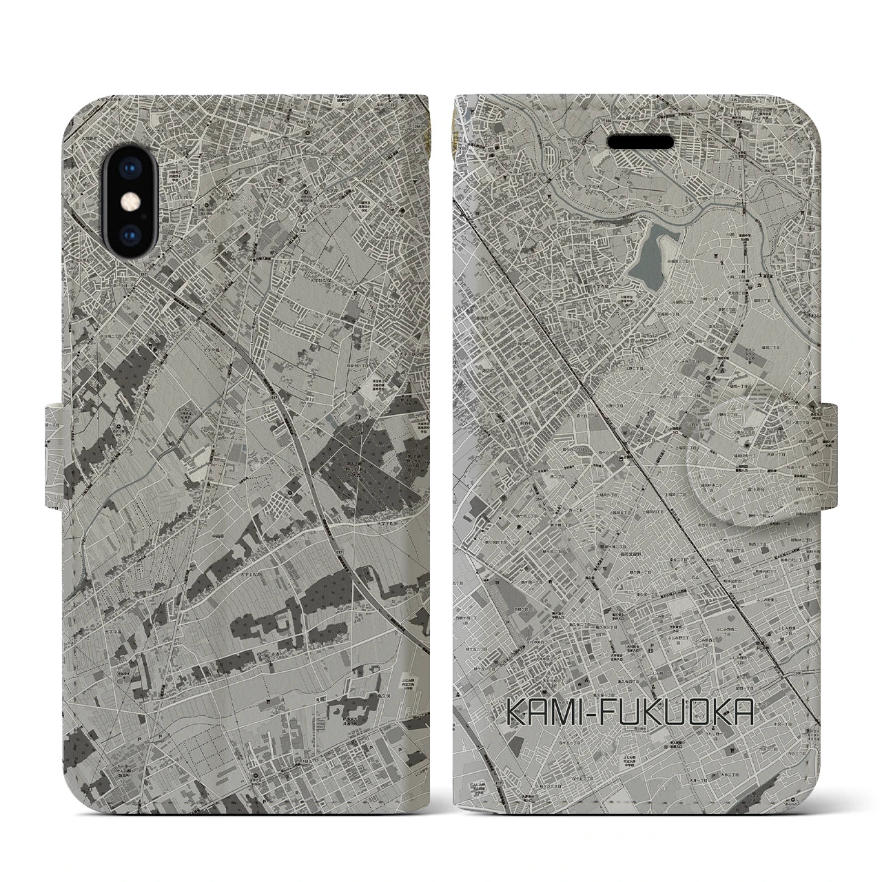【上福岡(埼玉県)】地図柄iPhoneケース(手帳タイプ)モノトーン・iPhone XS / X 用