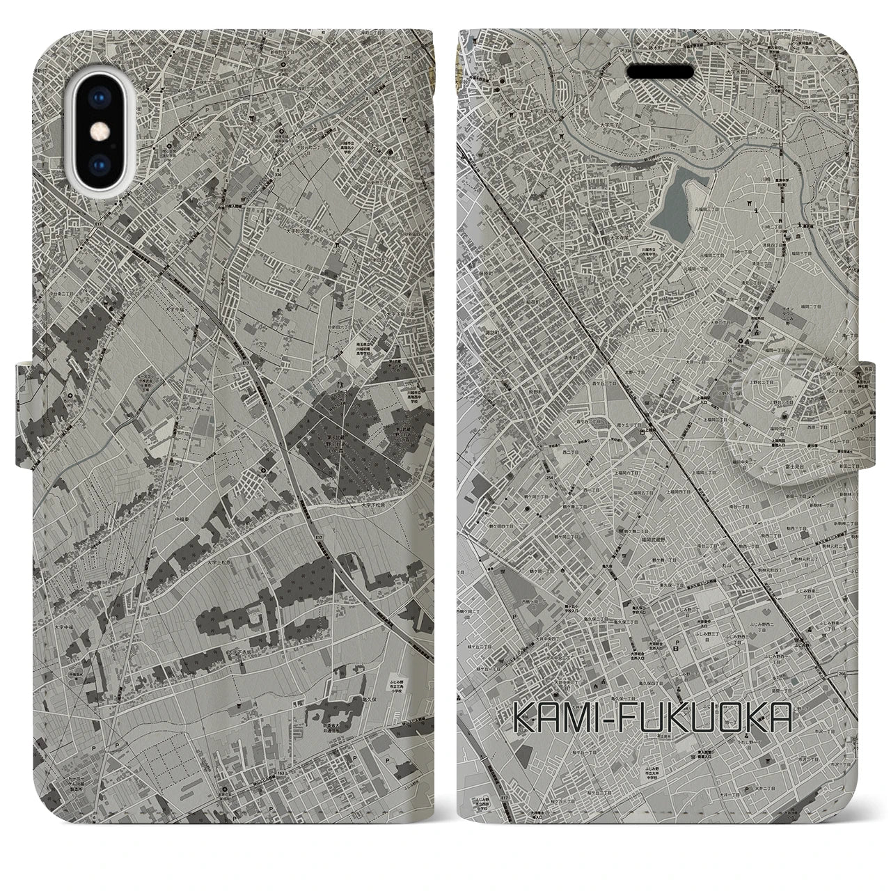 【上福岡(埼玉県)】地図柄iPhoneケース(手帳タイプ)モノトーン・iPhone XS Max 用