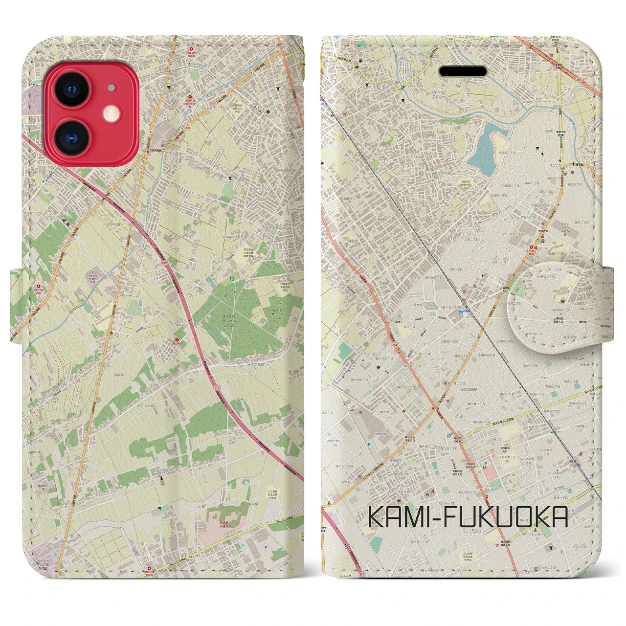 【上福岡(埼玉県)】地図柄iPhoneケース(手帳タイプ)ナチュラル・iPhone 11 用