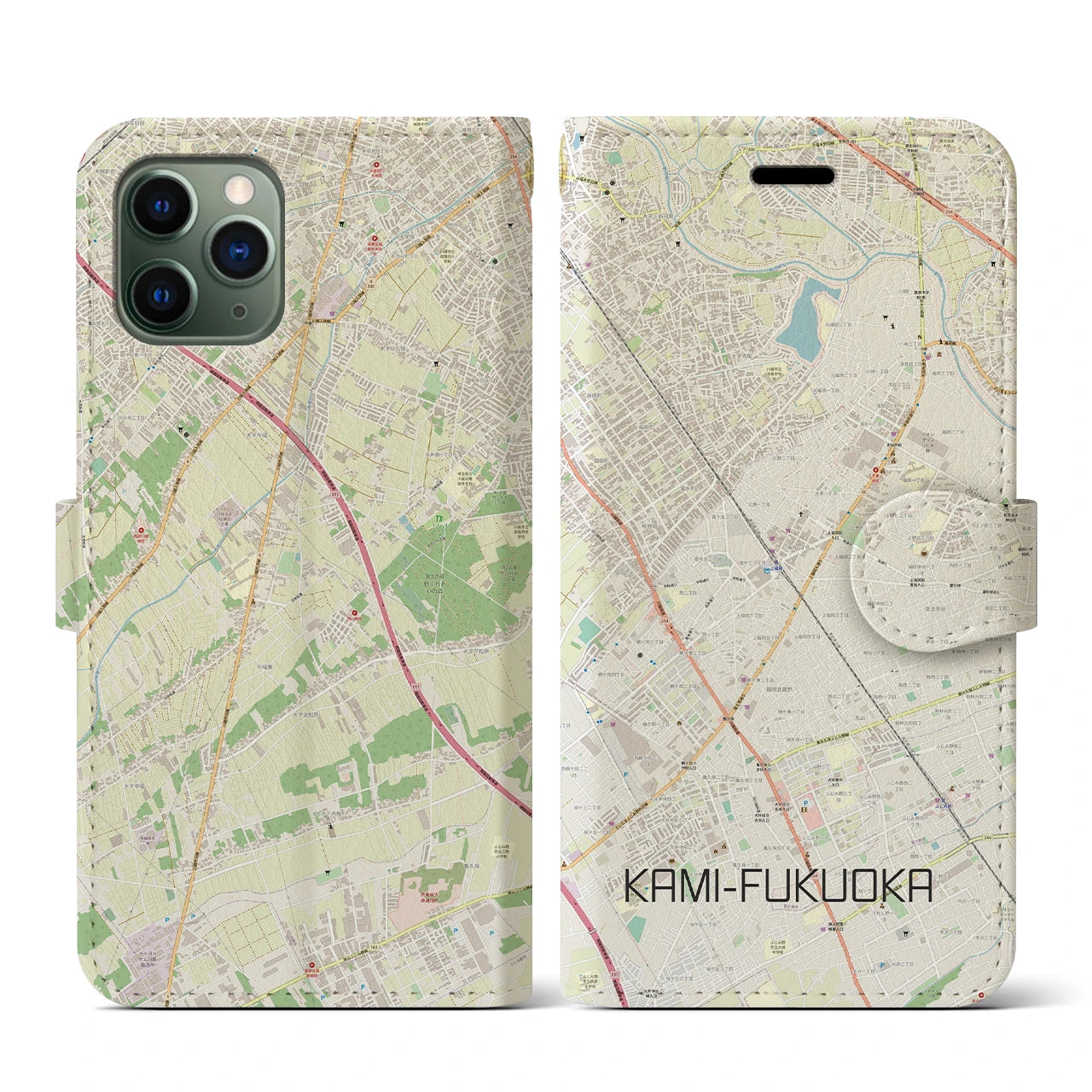 【上福岡(埼玉県)】地図柄iPhoneケース(手帳タイプ)ナチュラル・iPhone 11 Pro 用