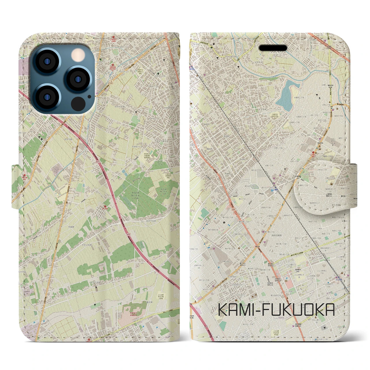 【上福岡(埼玉県)】地図柄iPhoneケース(手帳タイプ)ナチュラル・iPhone 12 / 12 Pro 用