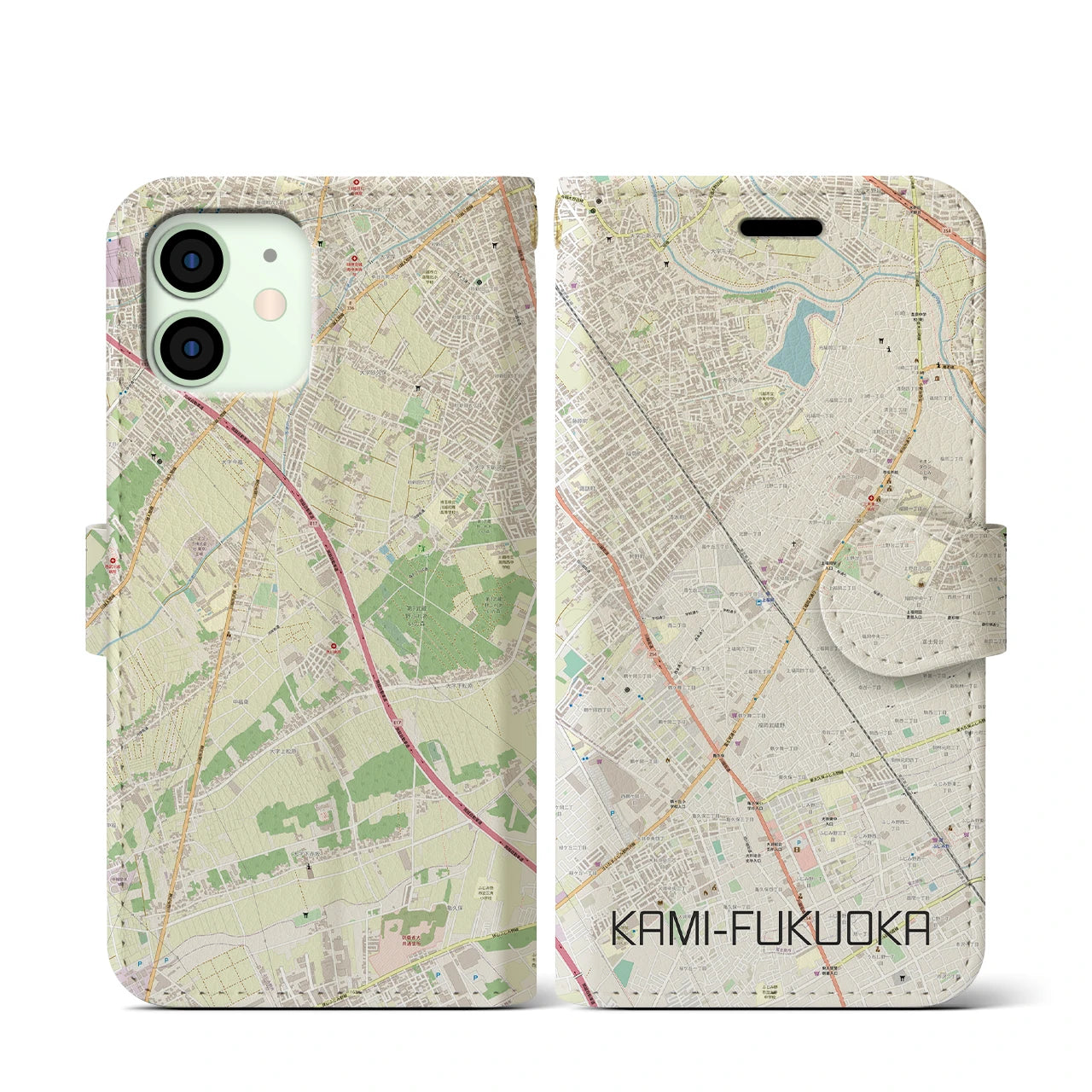 【上福岡(埼玉県)】地図柄iPhoneケース(手帳タイプ)ナチュラル・iPhone 12 mini 用