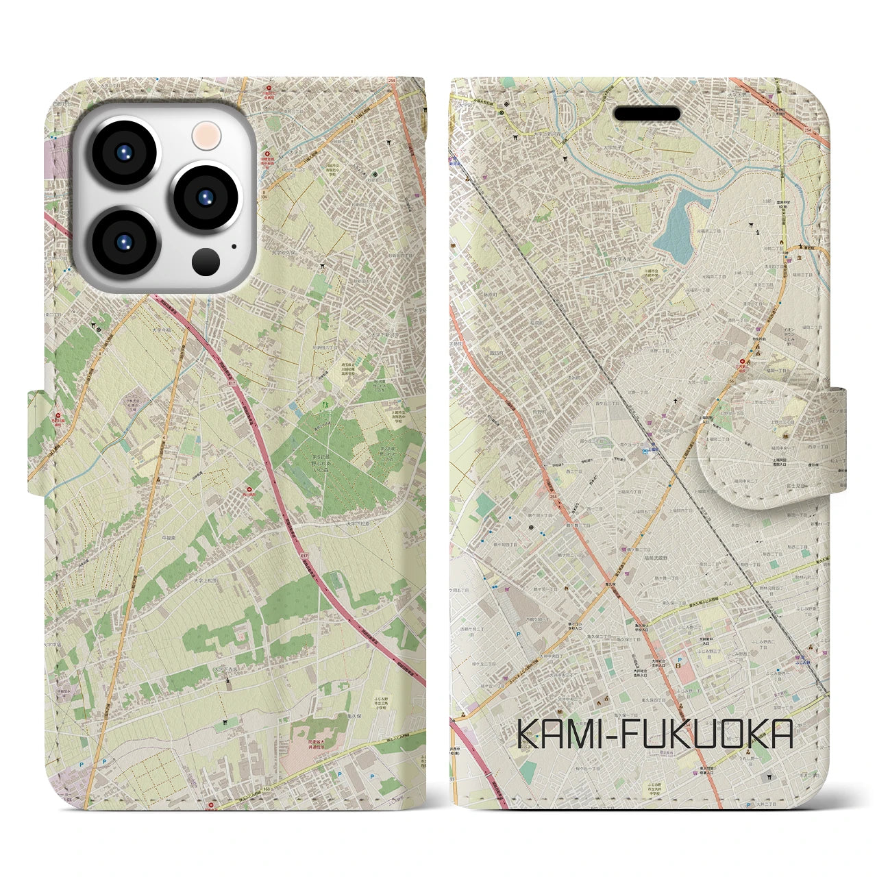 【上福岡(埼玉県)】地図柄iPhoneケース(手帳タイプ)ナチュラル・iPhone 13 Pro 用