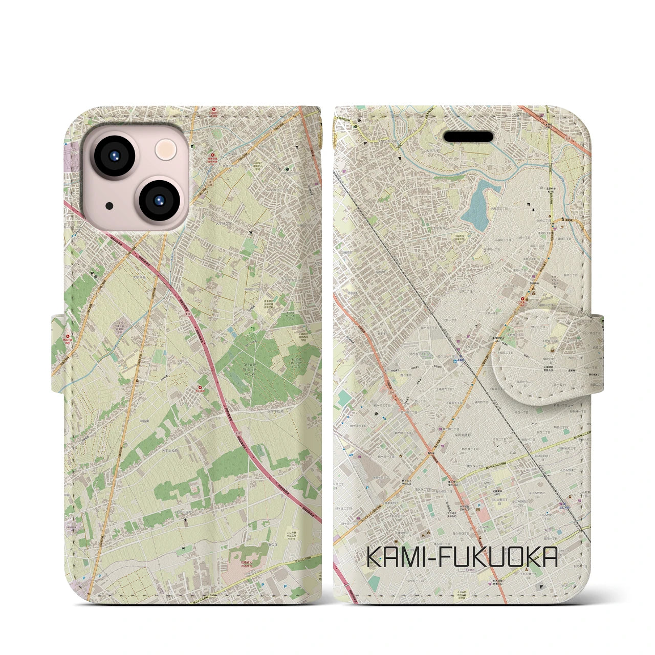 【上福岡(埼玉県)】地図柄iPhoneケース(手帳タイプ)ナチュラル・iPhone 13 mini 用