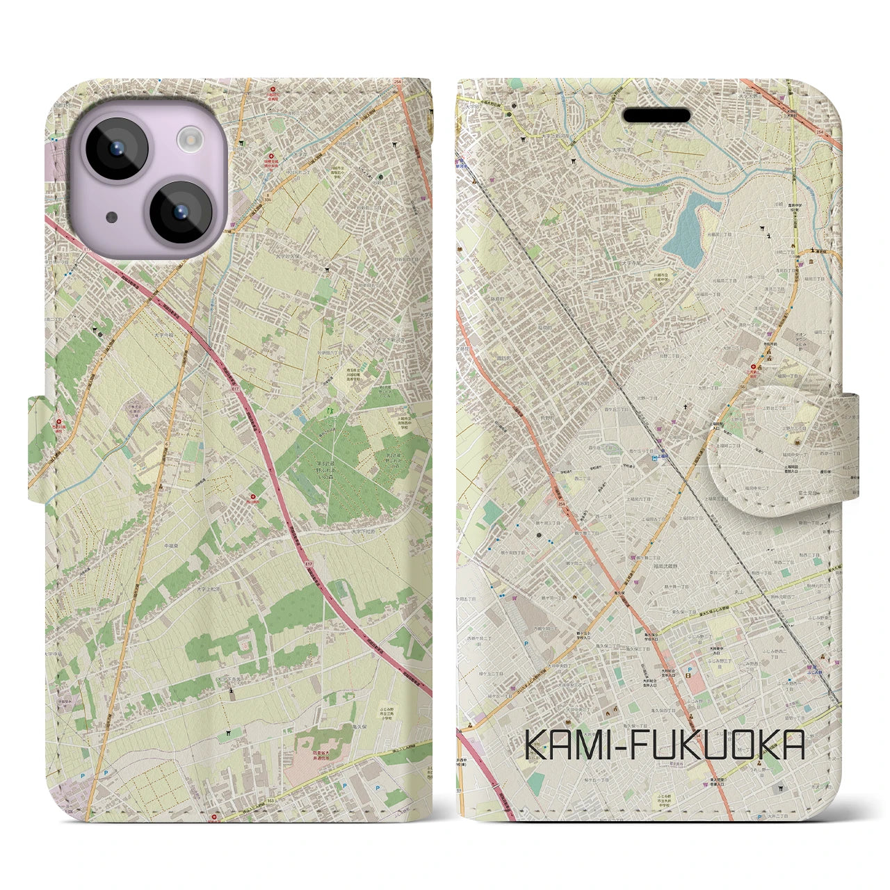 【上福岡(埼玉県)】地図柄iPhoneケース(手帳タイプ)ナチュラル・iPhone 14 用