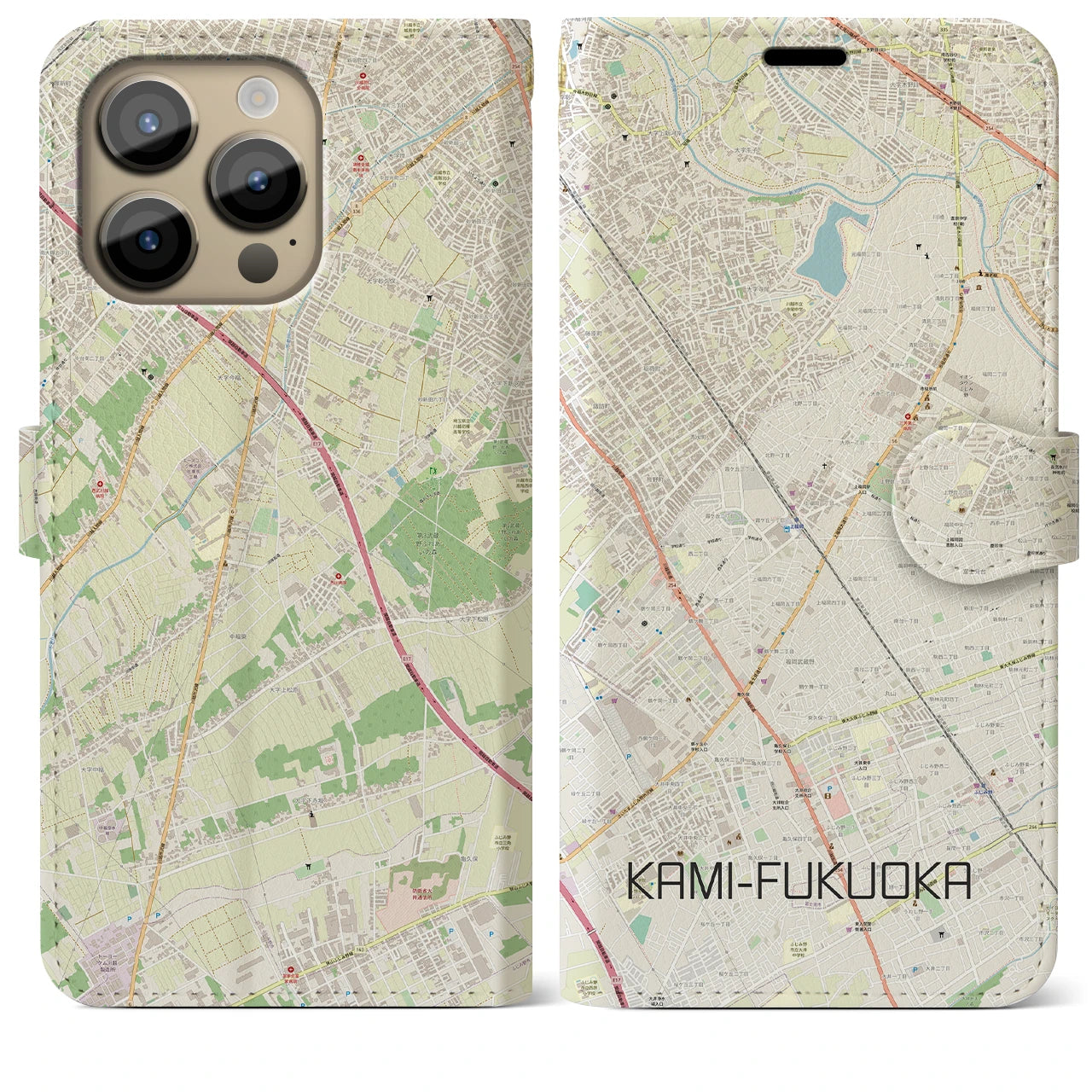 【上福岡(埼玉県)】地図柄iPhoneケース(手帳タイプ)ナチュラル・iPhone 14 Pro Max 用