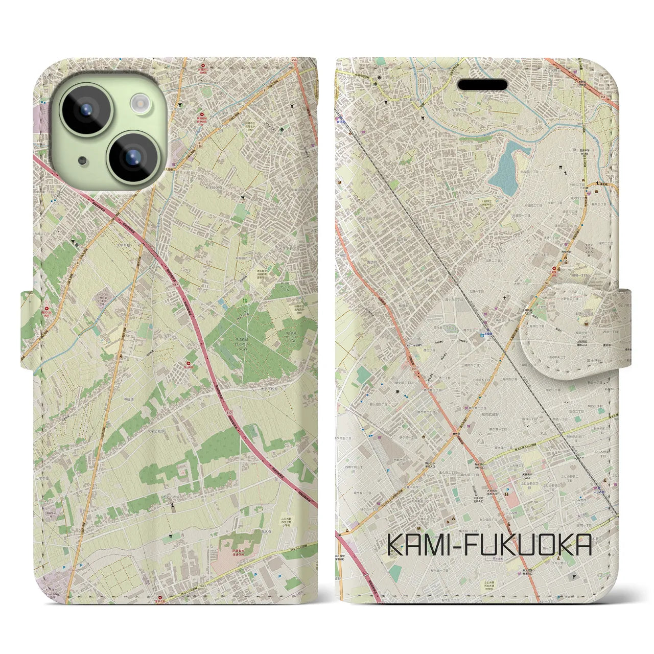【上福岡(埼玉県)】地図柄iPhoneケース(手帳タイプ)ナチュラル・iPhone 15 用
