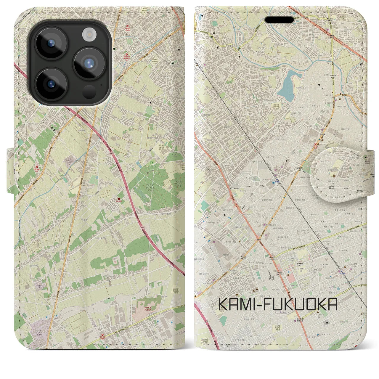 【上福岡(埼玉県)】地図柄iPhoneケース(手帳タイプ)ナチュラル・iPhone 15 Pro Max 用