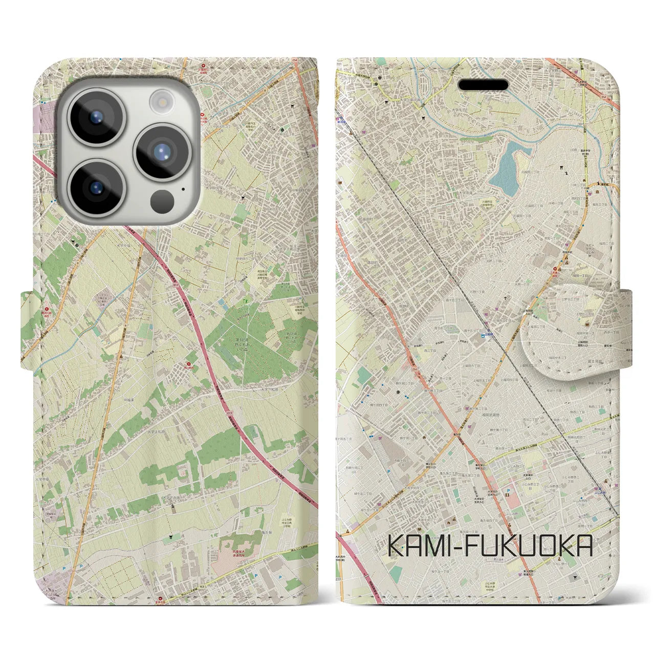 【上福岡(埼玉県)】地図柄iPhoneケース(手帳タイプ)ナチュラル・iPhone 15 Pro 用