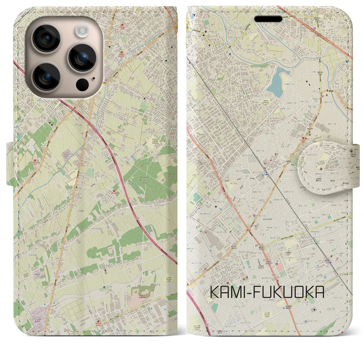 【上福岡(埼玉県)】地図柄iPhoneケース(手帳タイプ)ナチュラル・iPhone 16 Plus 用