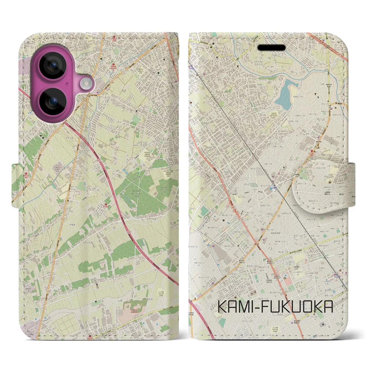【上福岡(埼玉県)】地図柄iPhoneケース(手帳タイプ)ナチュラル・iPhone 16 Pro 用