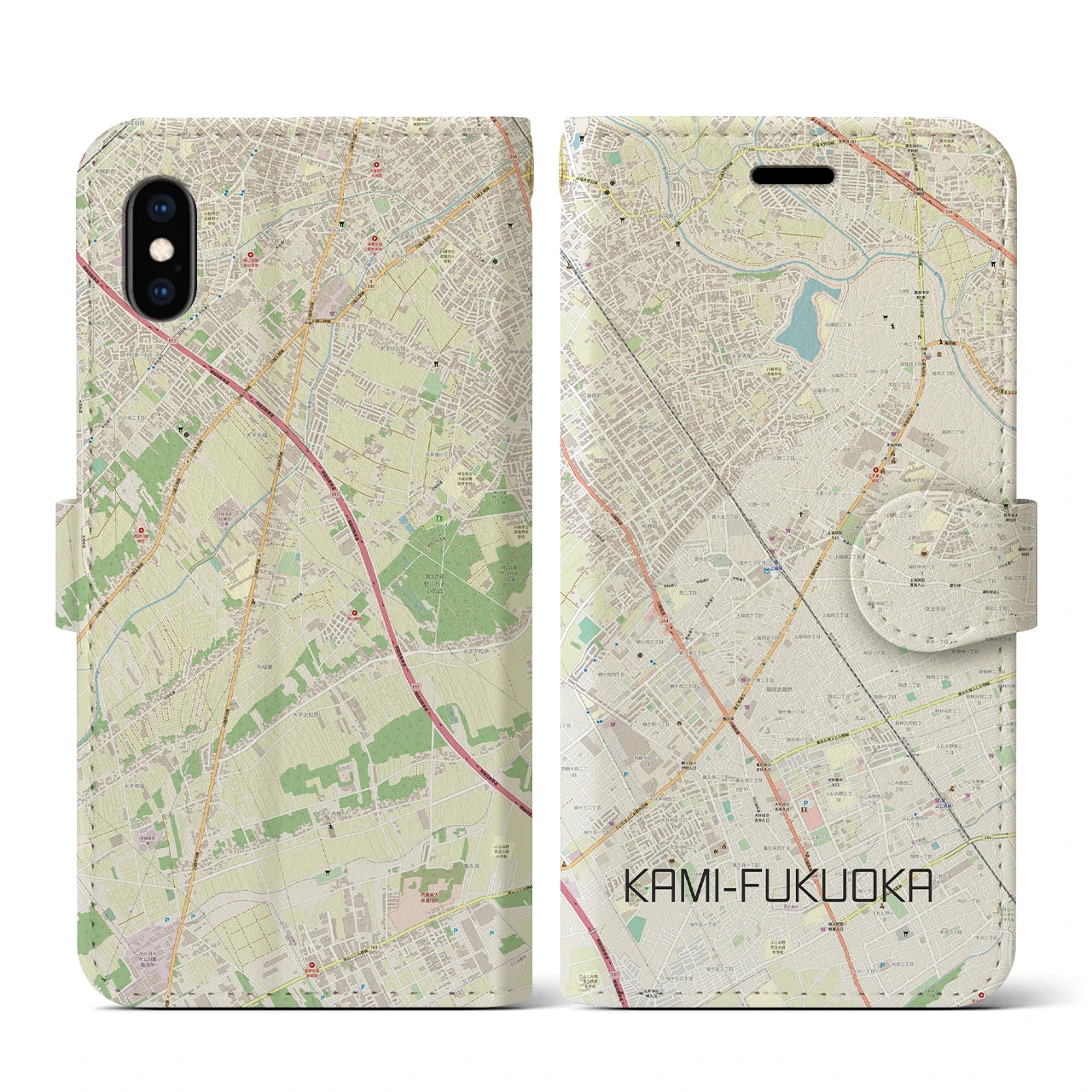 【上福岡(埼玉県)】地図柄iPhoneケース(手帳タイプ)ナチュラル・iPhone XS / X 用
