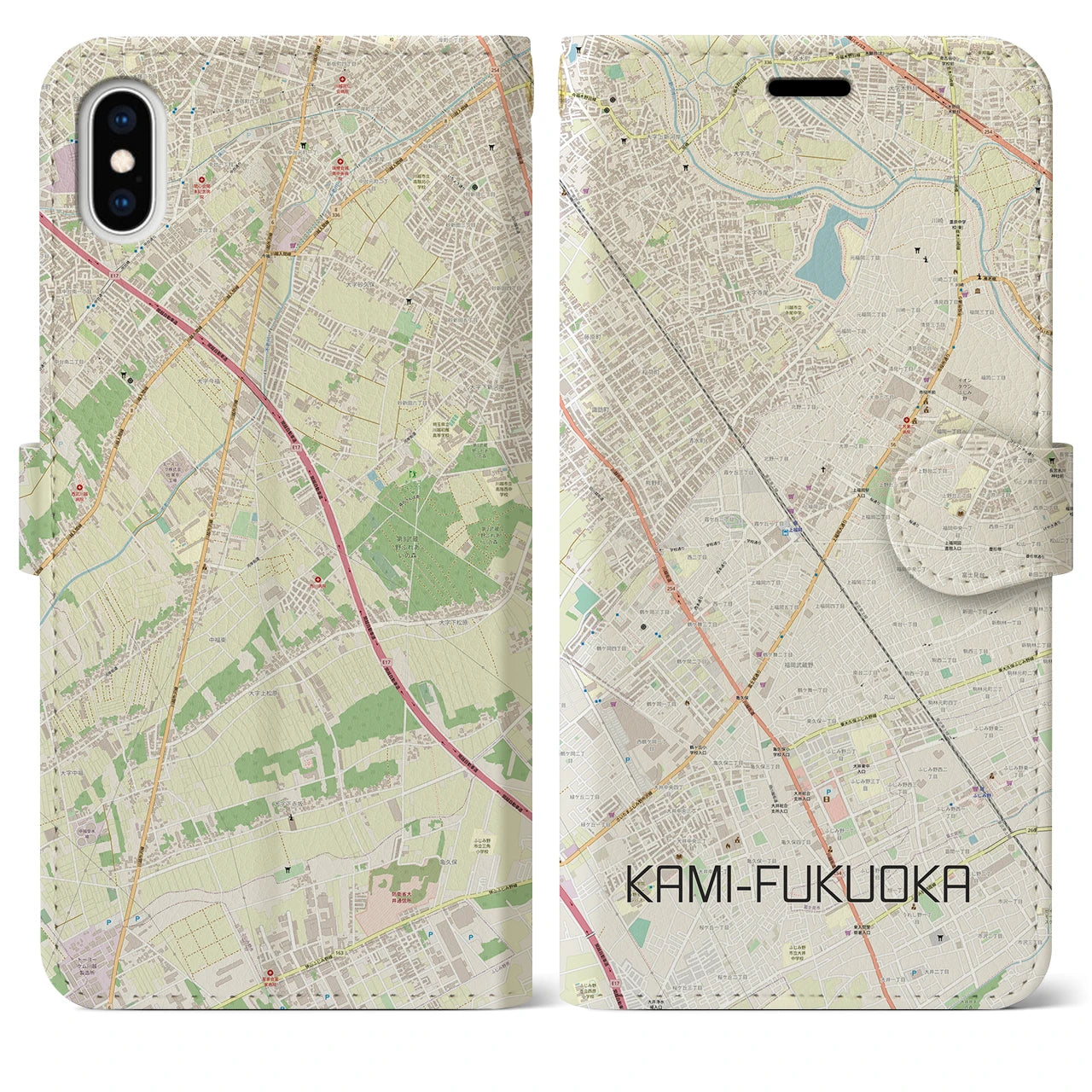 【上福岡(埼玉県)】地図柄iPhoneケース(手帳タイプ)ナチュラル・iPhone XS Max 用