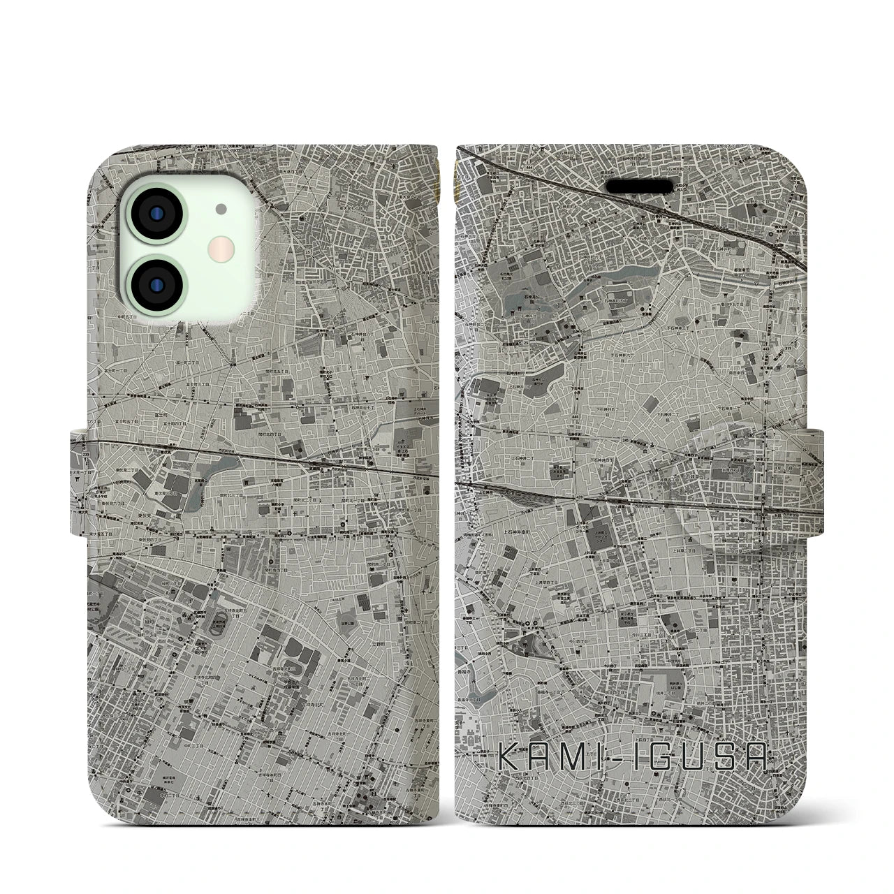 【上井草(東京都)】地図柄iPhoneケース(手帳タイプ)モノトーン・iPhone 12 mini 用