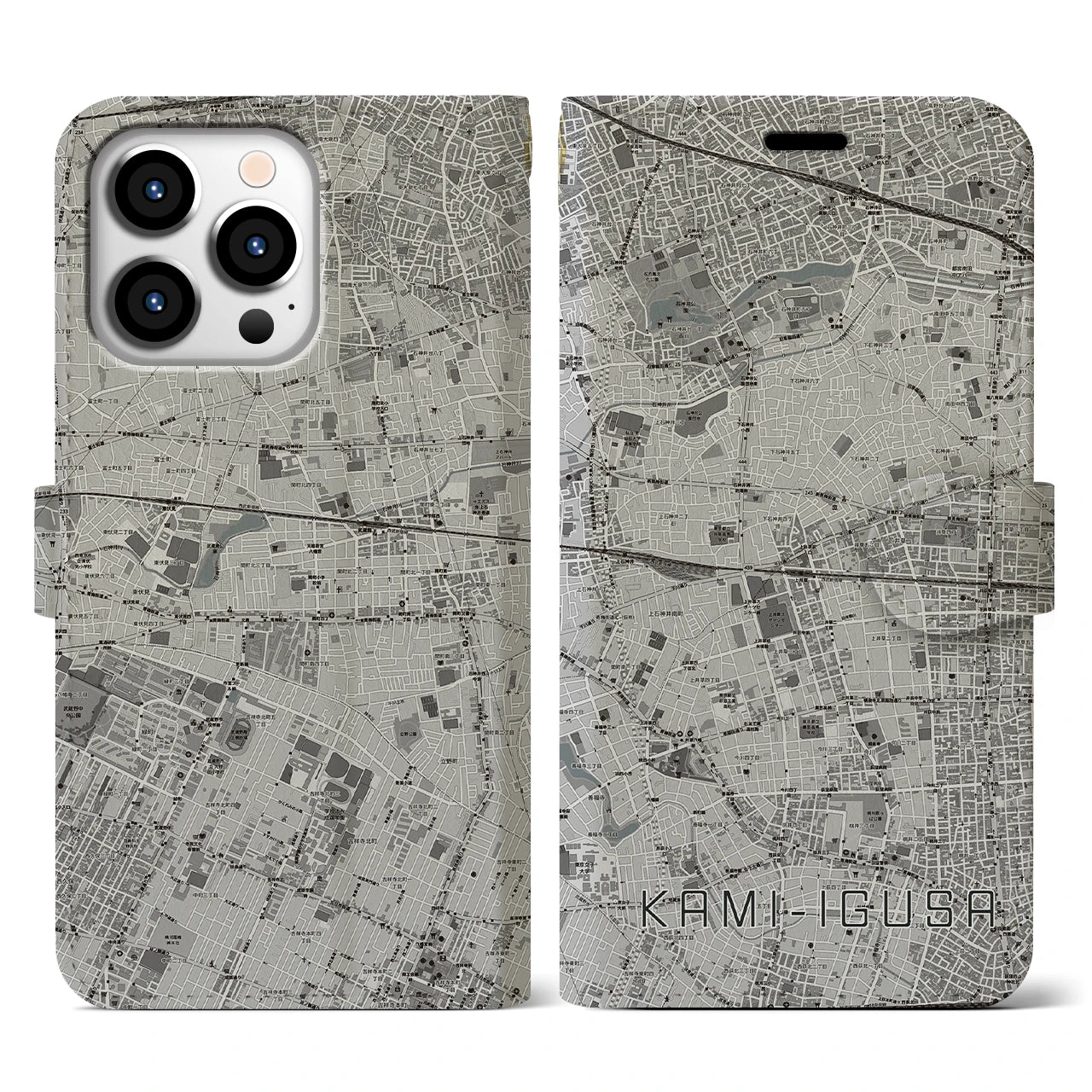 【上井草(東京都)】地図柄iPhoneケース(手帳タイプ)モノトーン・iPhone 13 Pro 用