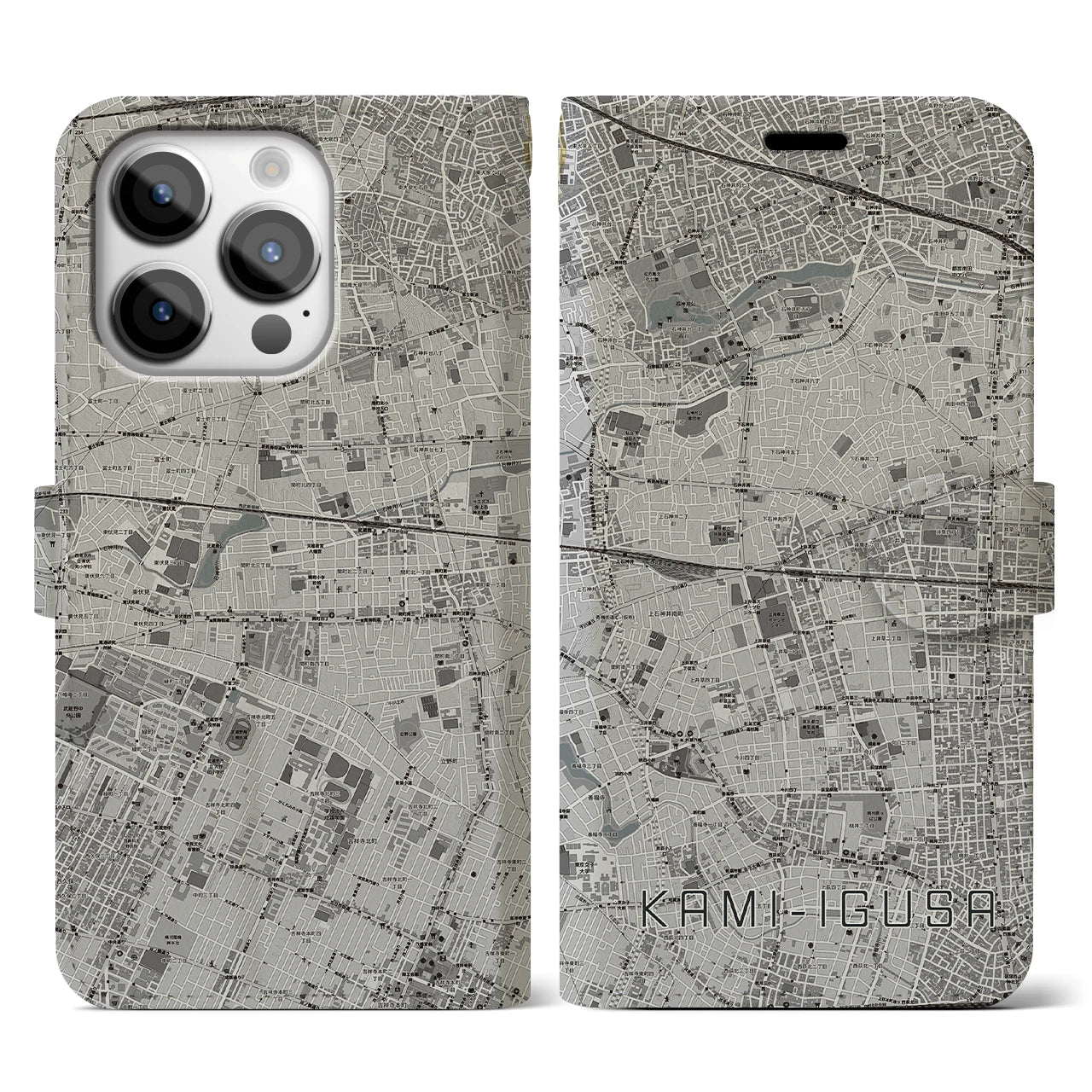 【上井草(東京都)】地図柄iPhoneケース(手帳タイプ)モノトーン・iPhone 14 Pro 用