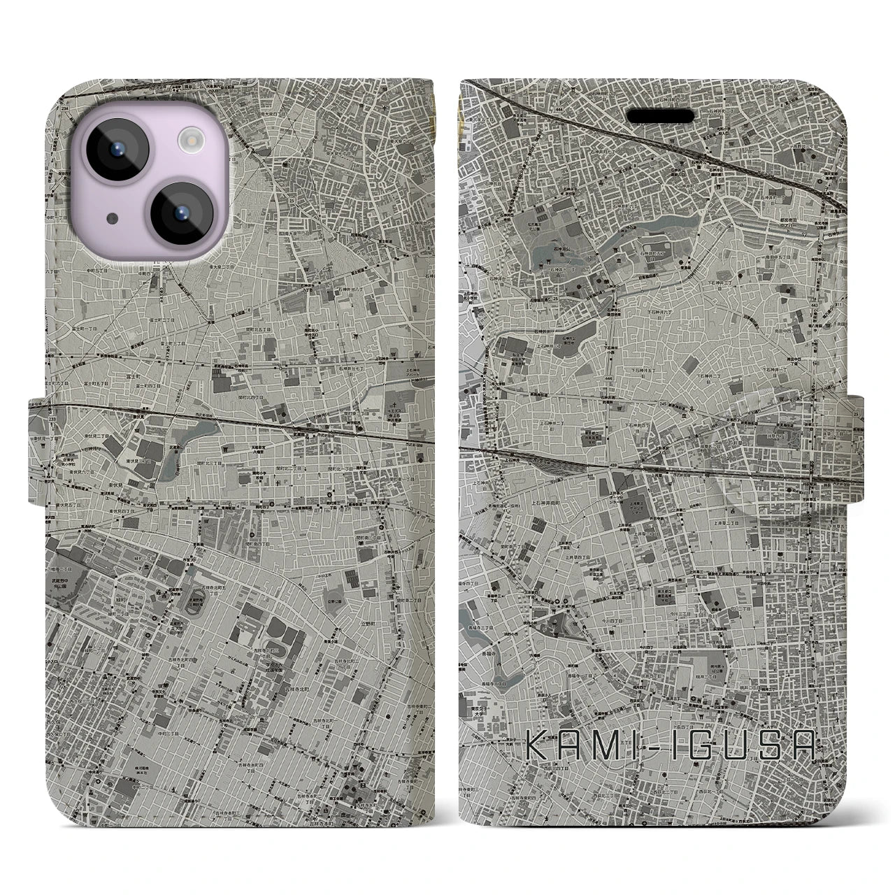【上井草(東京都)】地図柄iPhoneケース(手帳タイプ)モノトーン・iPhone 14 用