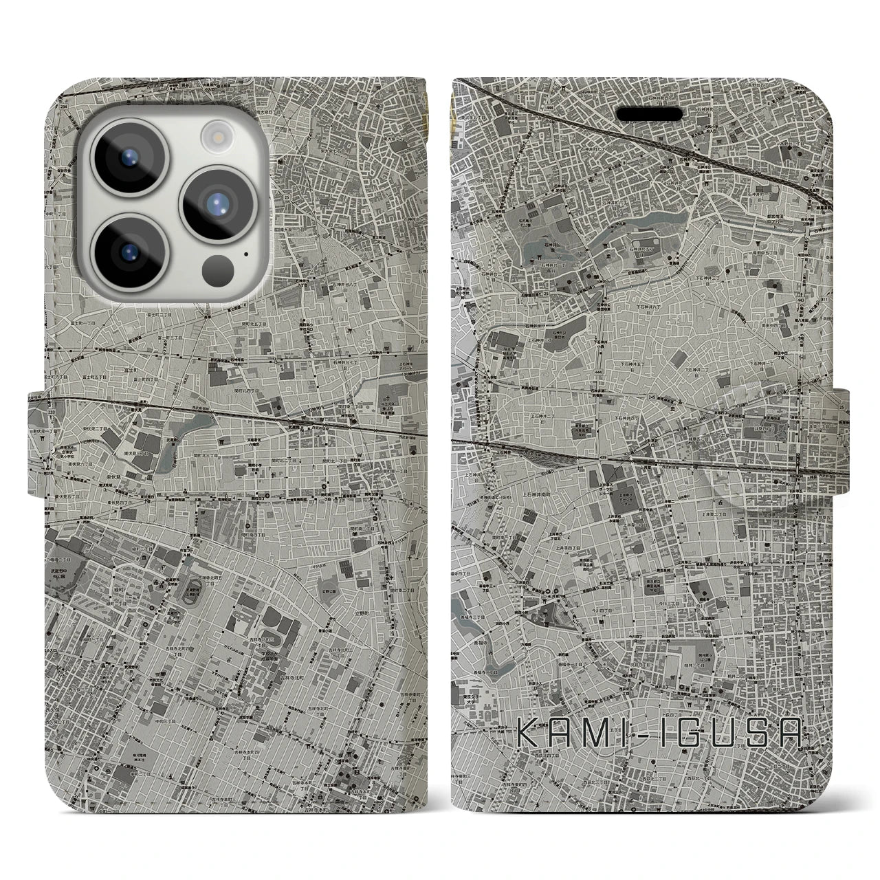【上井草(東京都)】地図柄iPhoneケース(手帳タイプ)モノトーン・iPhone 15 Pro 用
