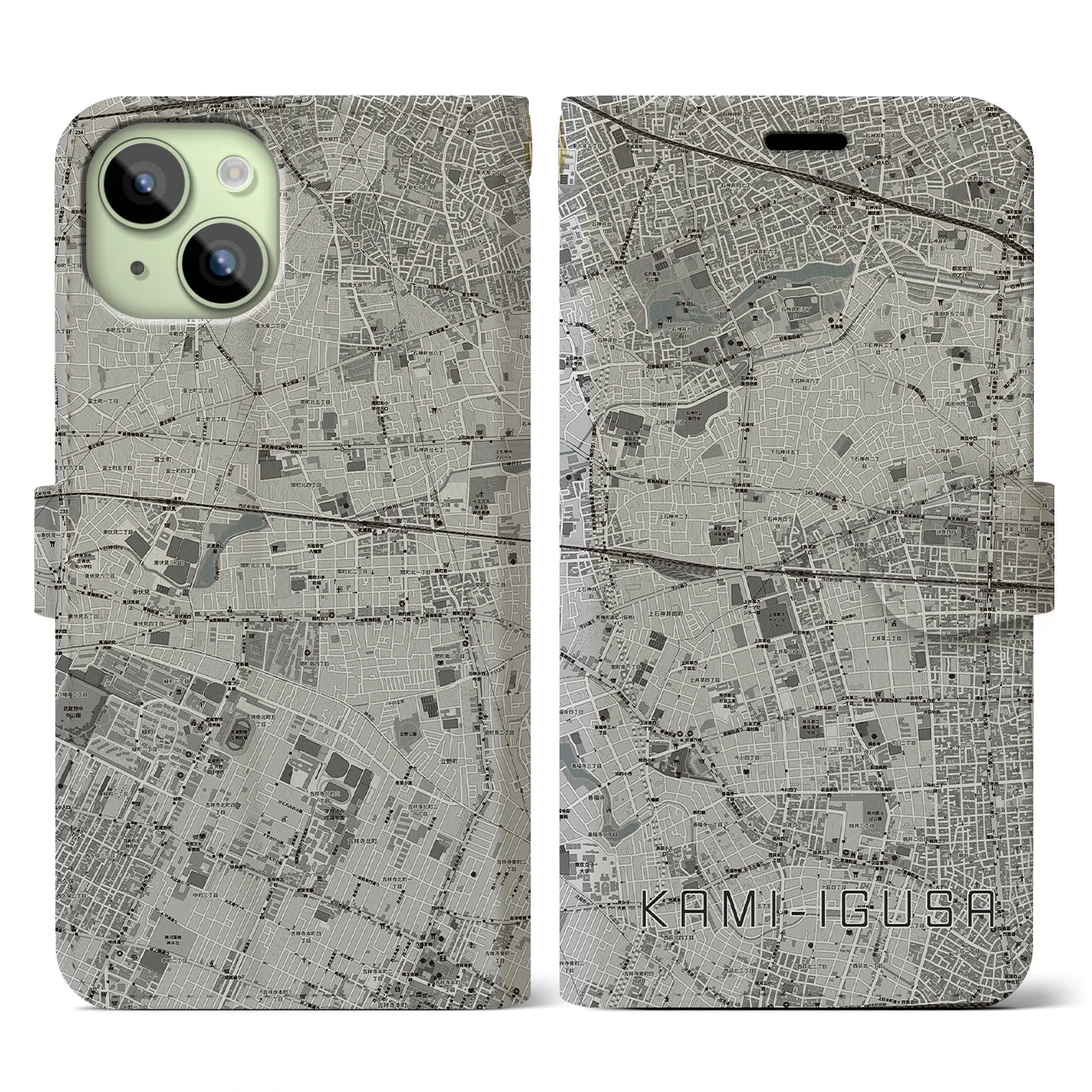 【上井草(東京都)】地図柄iPhoneケース(手帳タイプ)モノトーン・iPhone 15 用