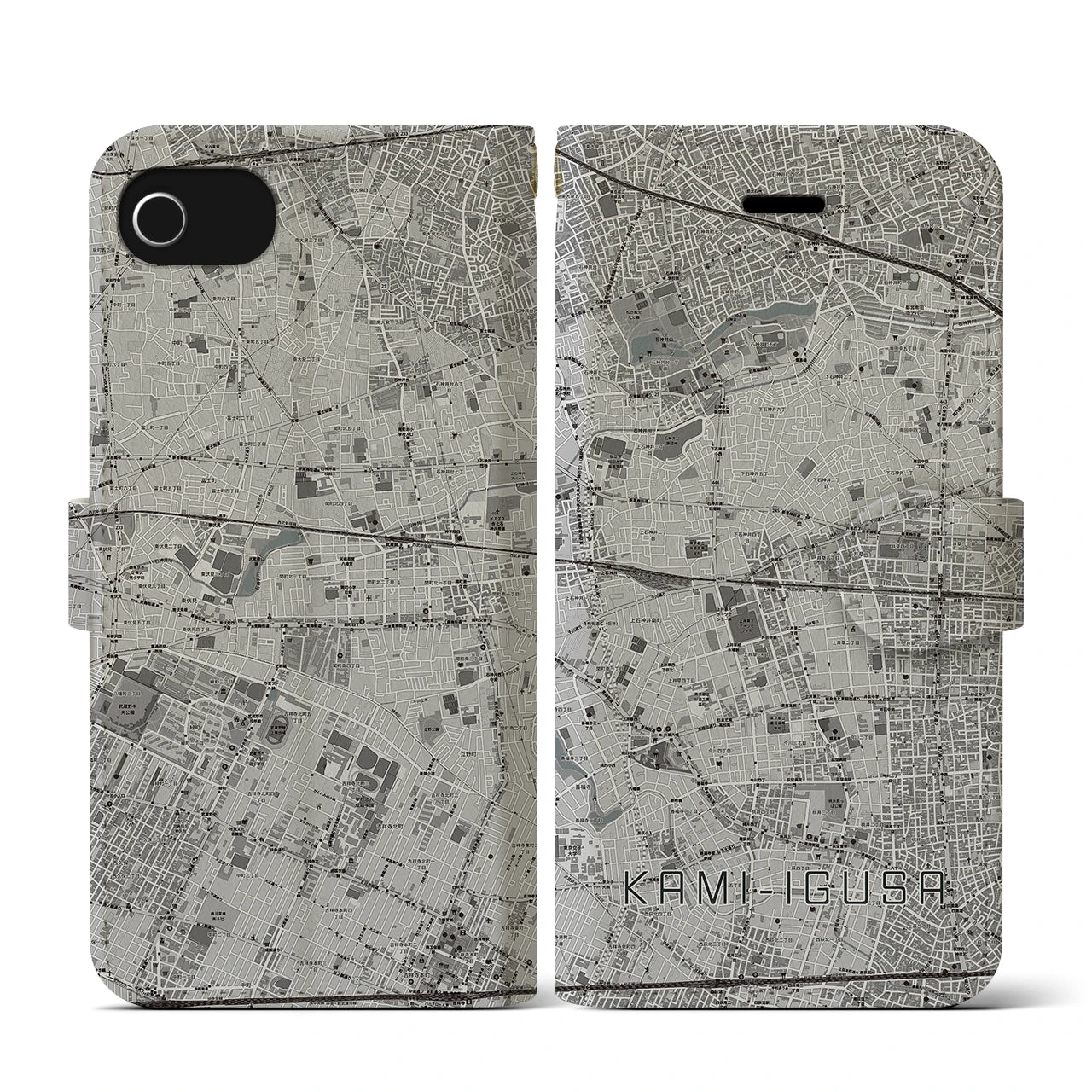 【上井草(東京都)】地図柄iPhoneケース(手帳タイプ)モノトーン・iPhone SE(第3 / 第2世代) / 8 / 7 / 6s / 6 用