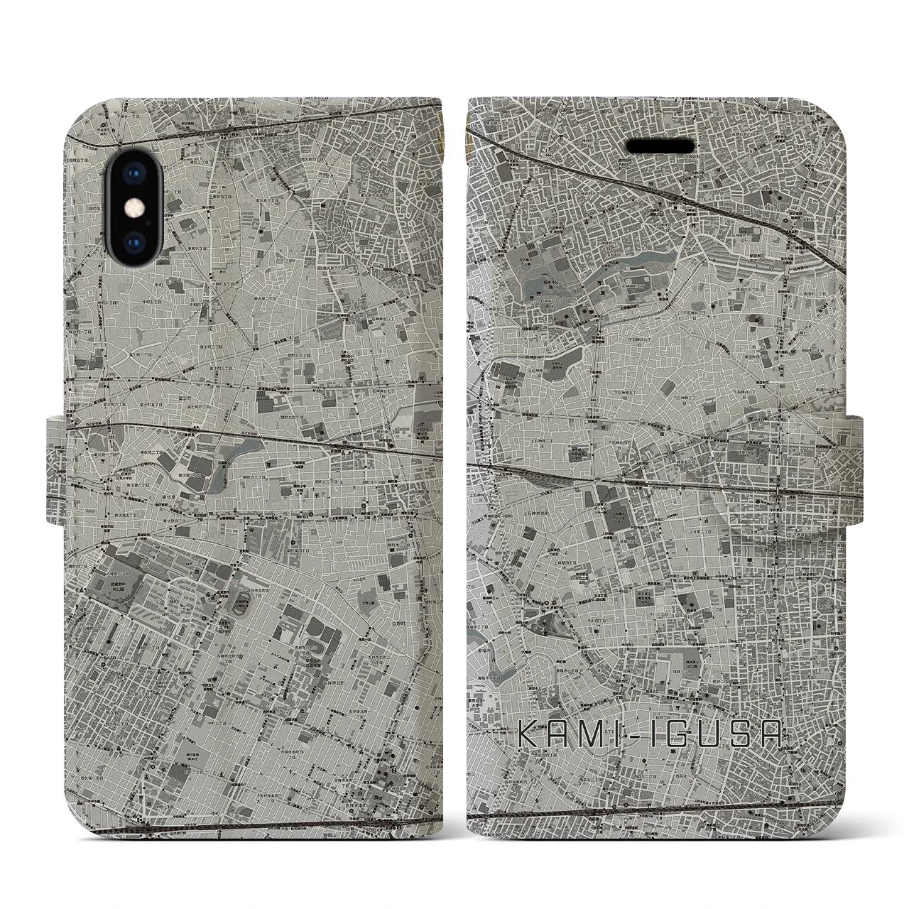 【上井草(東京都)】地図柄iPhoneケース(手帳タイプ)モノトーン・iPhone XS / X 用