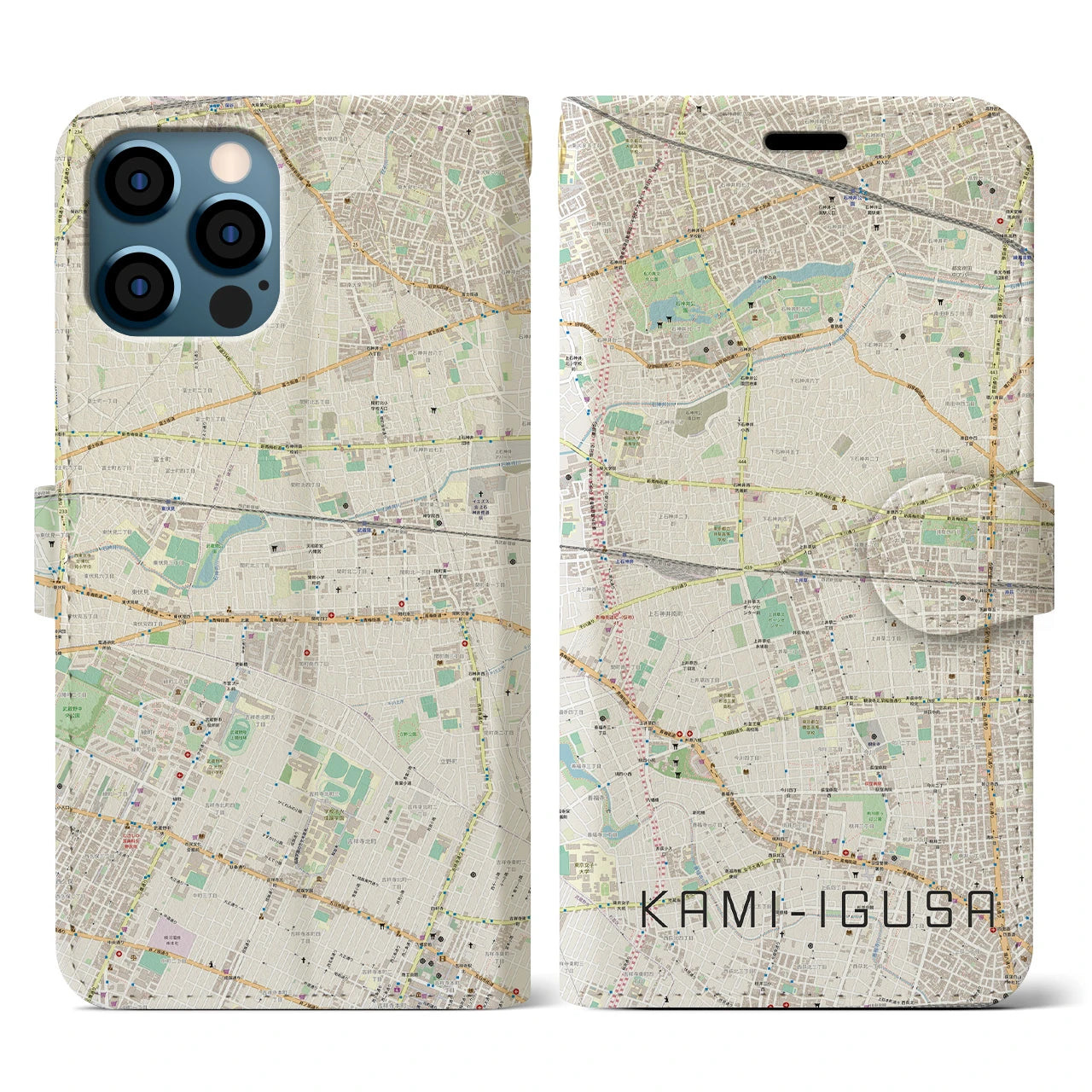 【上井草(東京都)】地図柄iPhoneケース(手帳タイプ)ナチュラル・iPhone 12 / 12 Pro 用