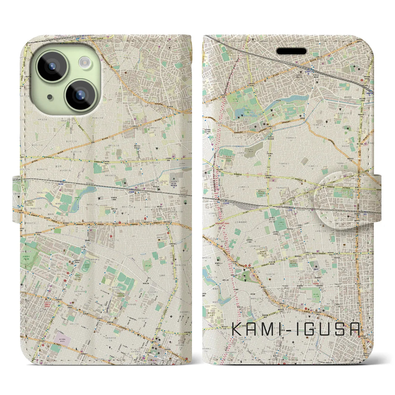 【上井草(東京都)】地図柄iPhoneケース(手帳タイプ)ナチュラル・iPhone 15 用