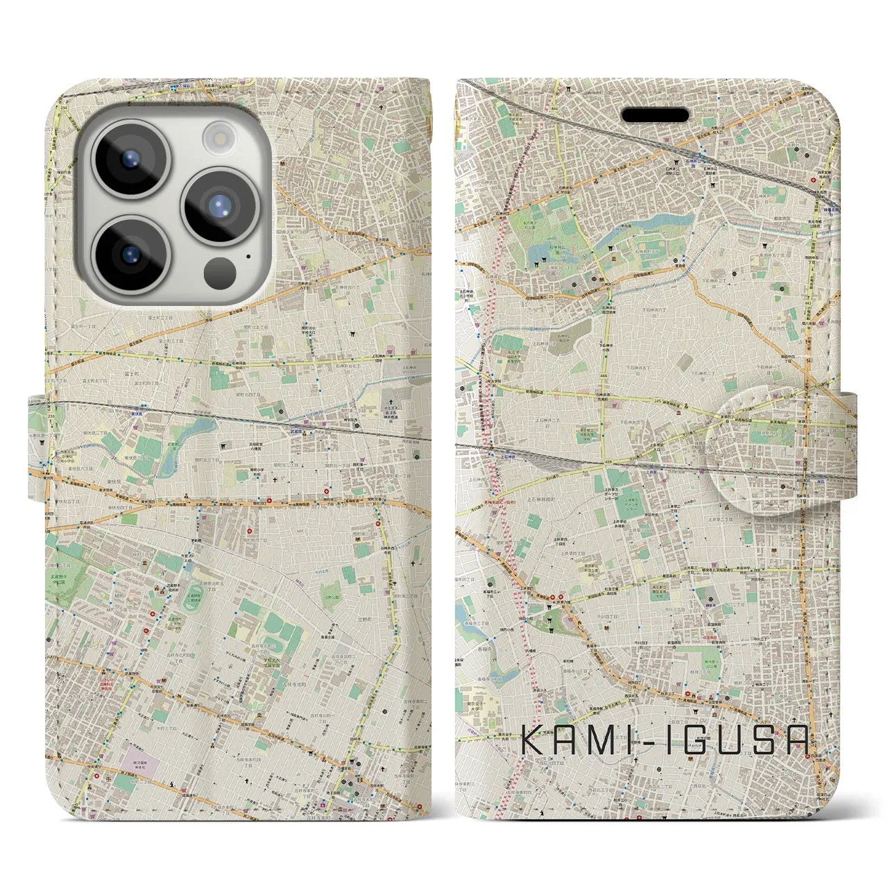 【上井草(東京都)】地図柄iPhoneケース(手帳タイプ)ナチュラル・iPhone 15 Pro 用