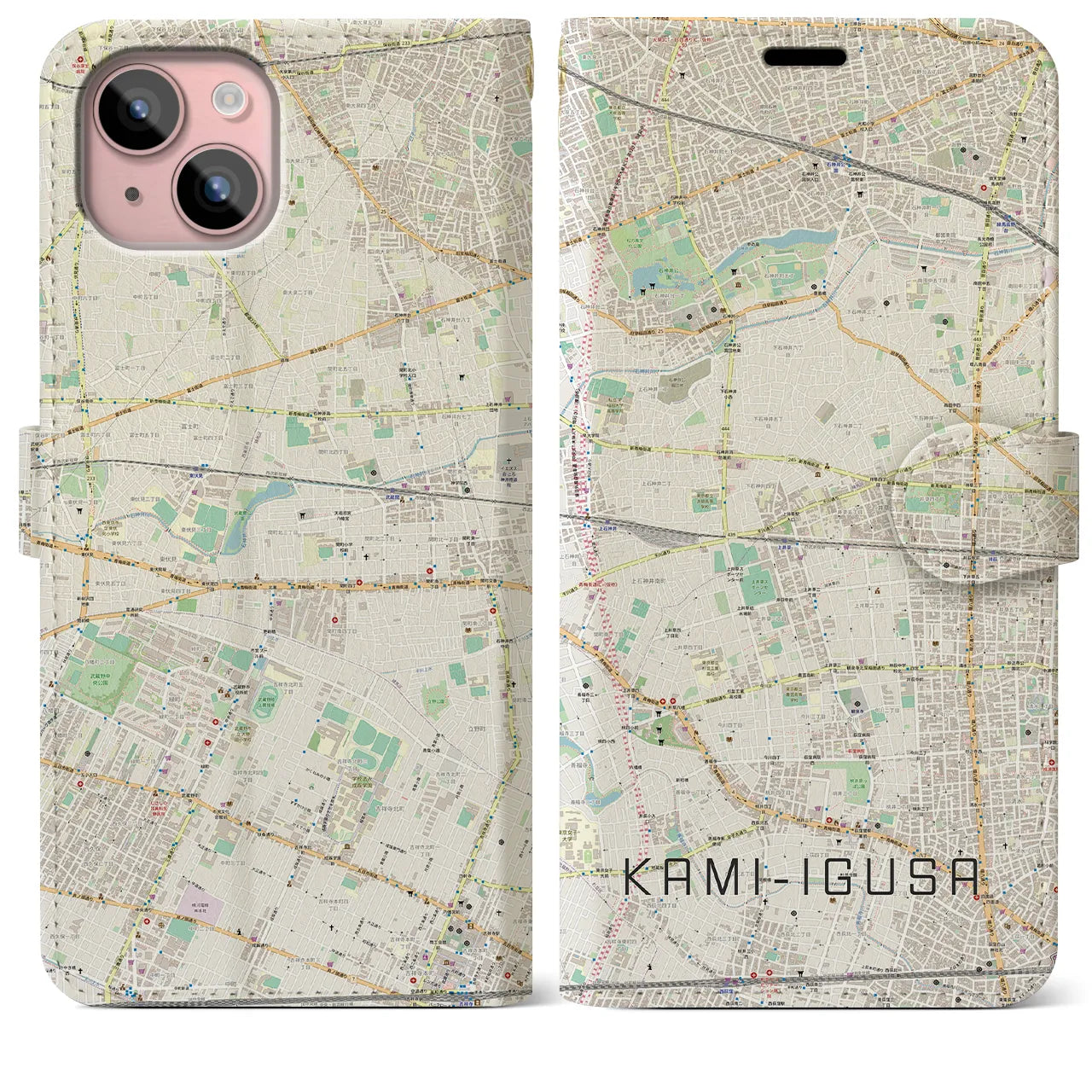【上井草(東京都)】地図柄iPhoneケース(手帳タイプ)ナチュラル・iPhone 15 Plus 用
