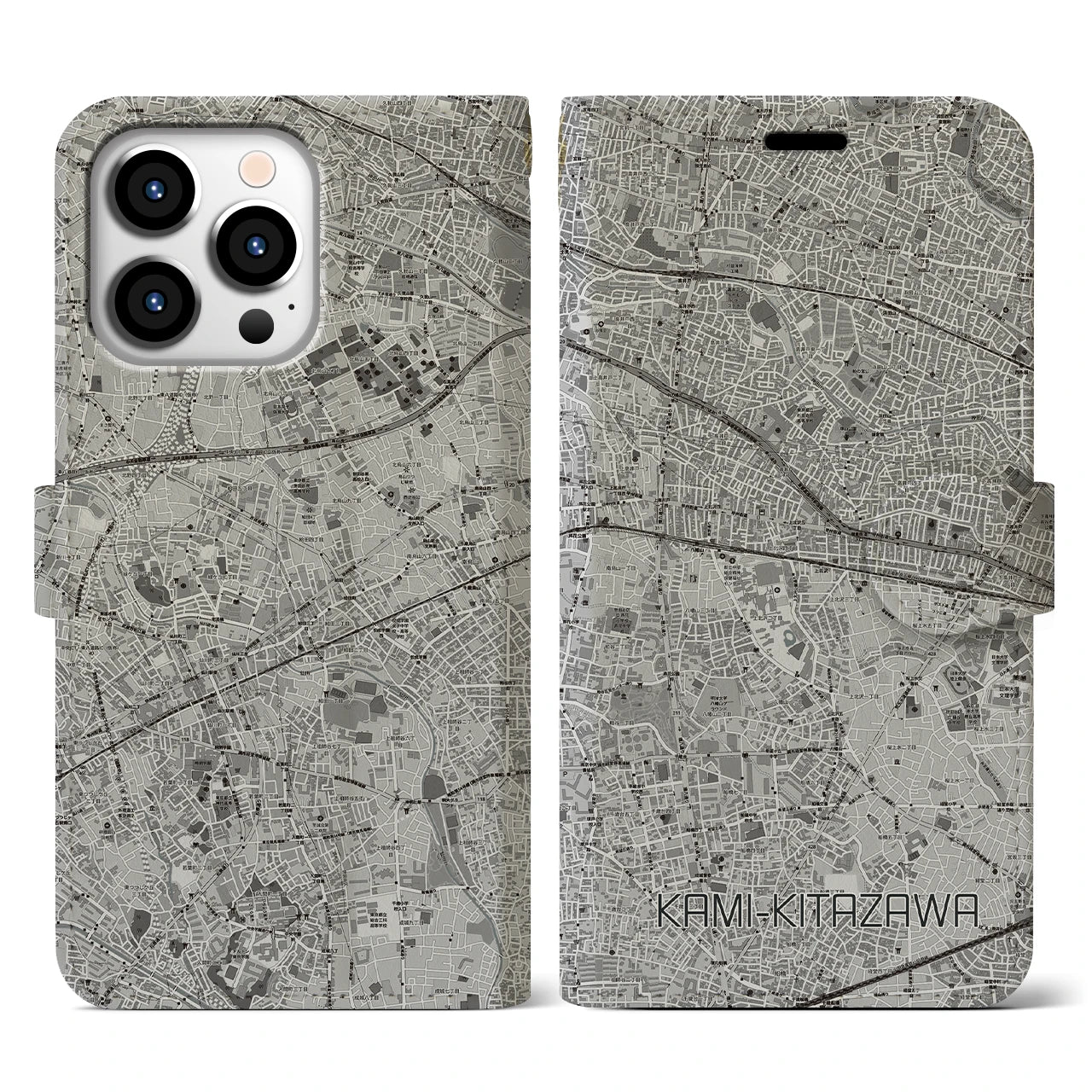 【上北沢(東京都)】地図柄iPhoneケース(手帳タイプ)モノトーン・iPhone 13 Pro 用