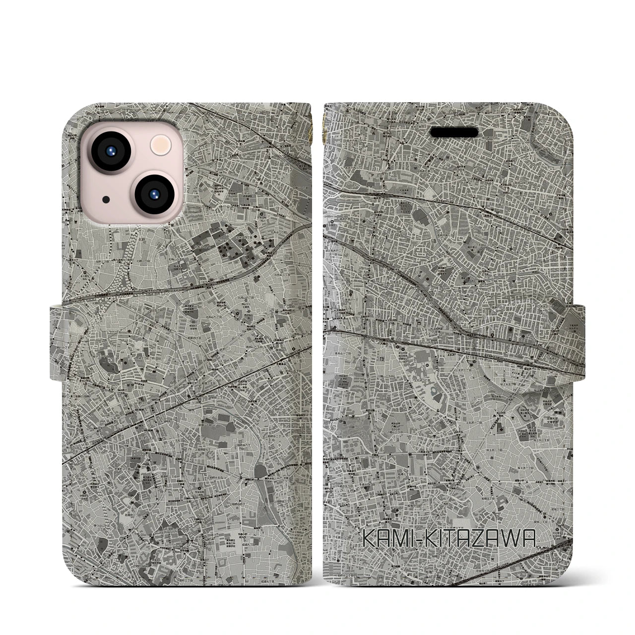 【上北沢(東京都)】地図柄iPhoneケース(手帳タイプ)モノトーン・iPhone 13 mini 用