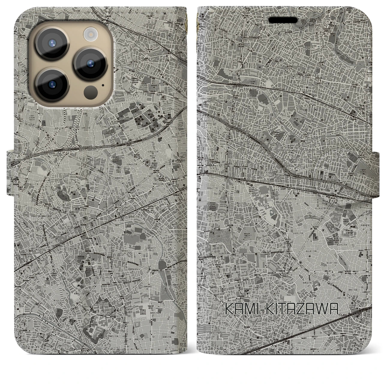 【上北沢(東京都)】地図柄iPhoneケース(手帳タイプ)モノトーン・iPhone 14 Pro Max 用