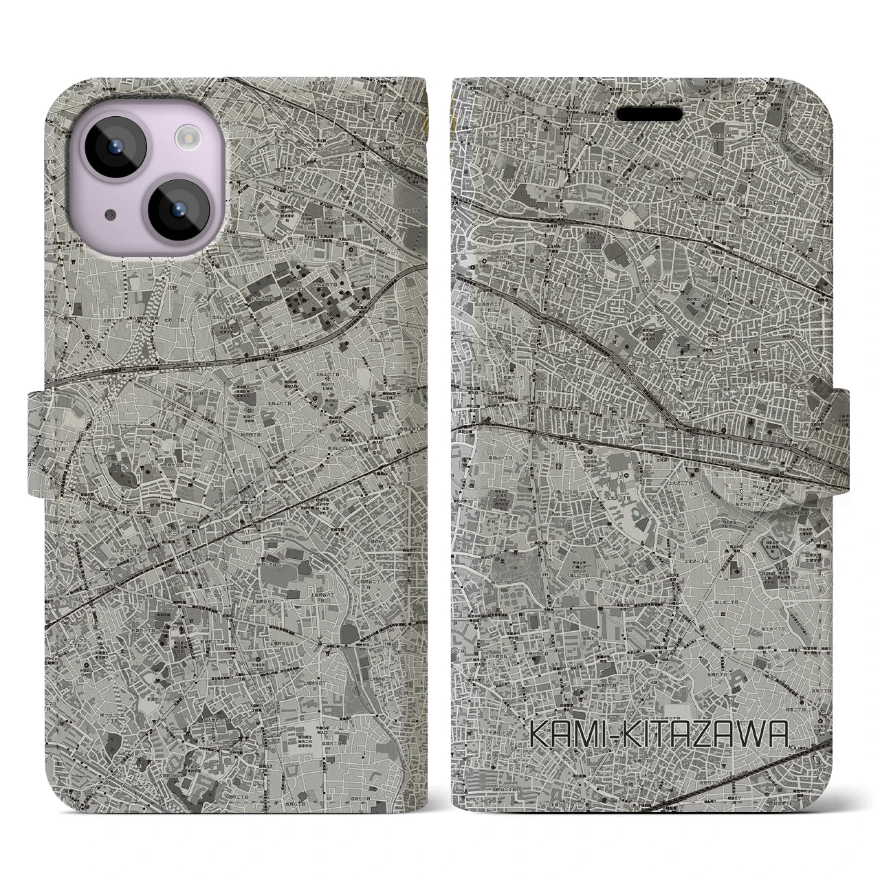 【上北沢(東京都)】地図柄iPhoneケース(手帳タイプ)モノトーン・iPhone 14 用