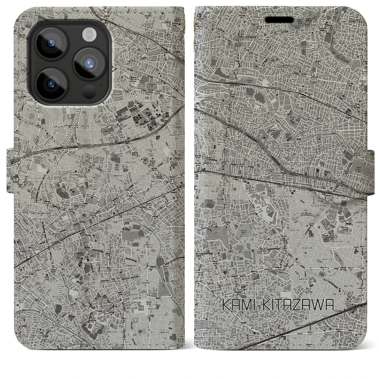 【上北沢(東京都)】地図柄iPhoneケース(手帳タイプ)モノトーン・iPhone 15 Pro Max 用