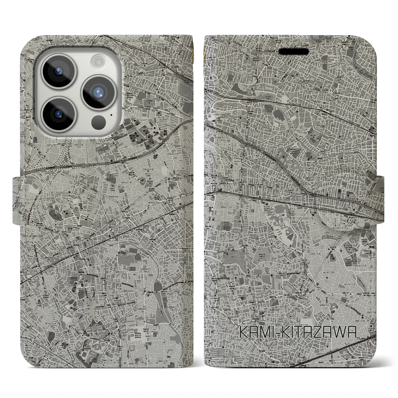 【上北沢(東京都)】地図柄iPhoneケース(手帳タイプ)モノトーン・iPhone 15 Pro 用