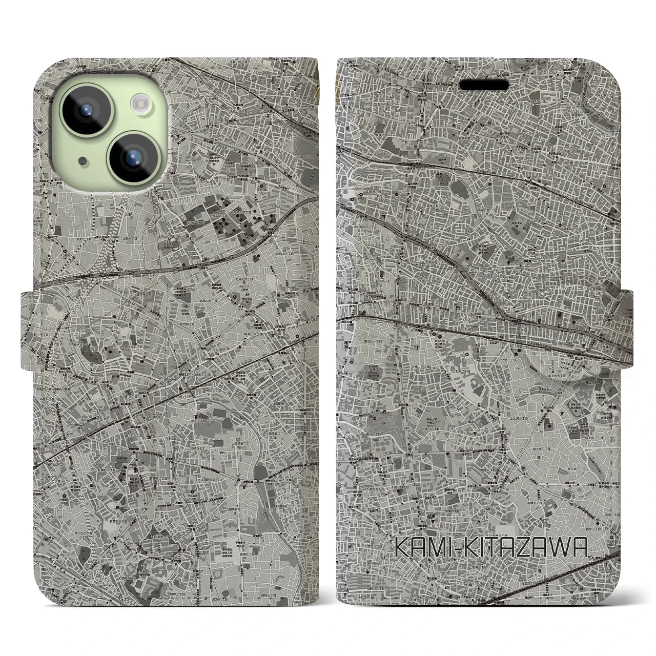 【上北沢(東京都)】地図柄iPhoneケース(手帳タイプ)モノトーン・iPhone 15 用