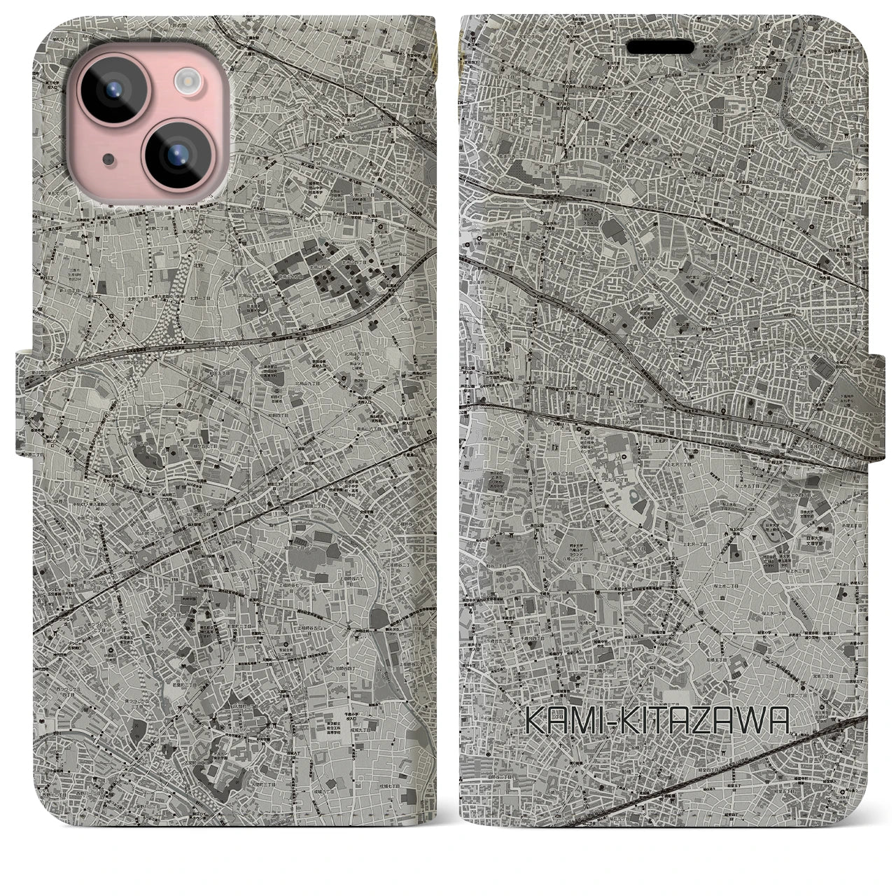 【上北沢(東京都)】地図柄iPhoneケース(手帳タイプ)モノトーン・iPhone 15 Plus 用