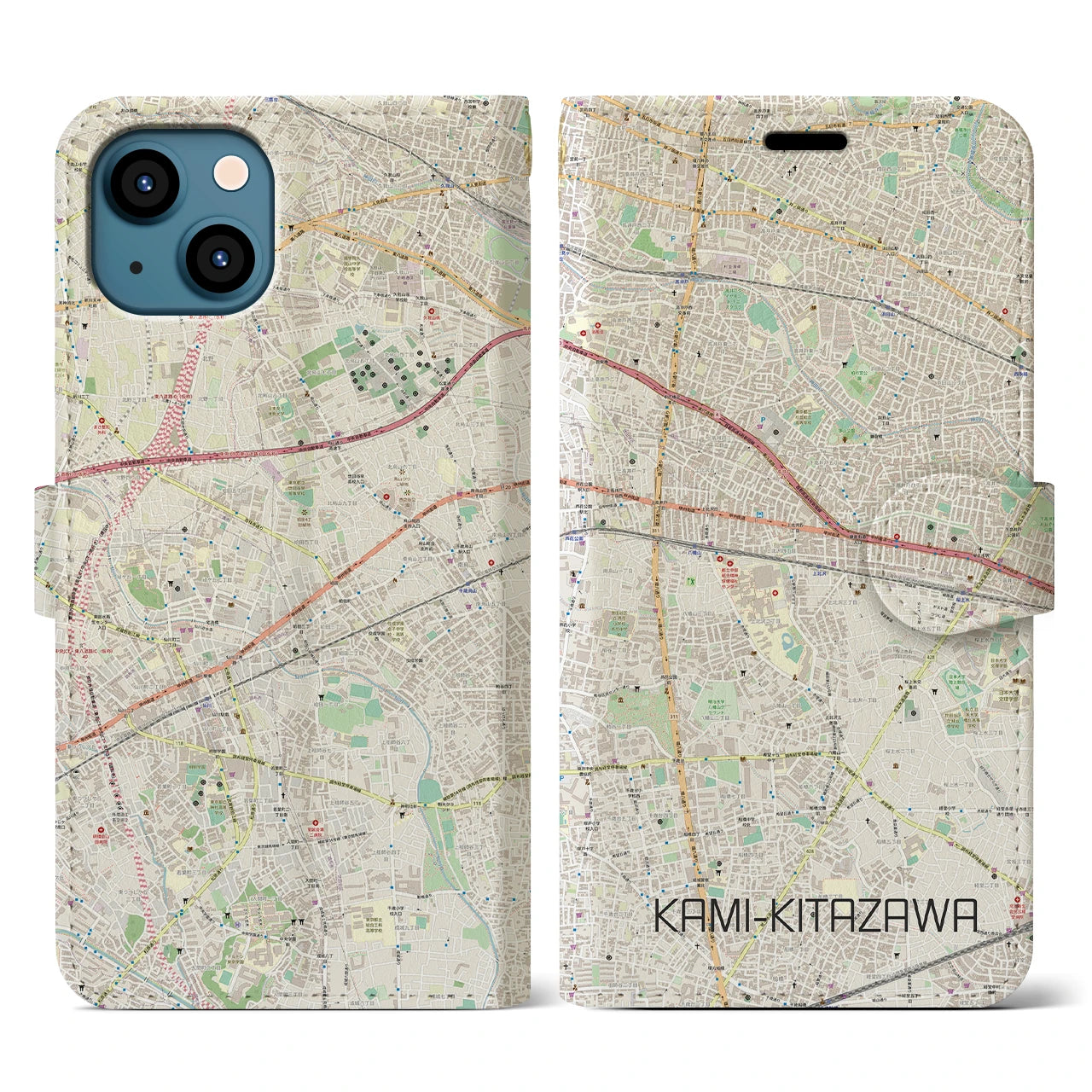 【上北沢(東京都)】地図柄iPhoneケース(手帳タイプ)ナチュラル・iPhone 13 用