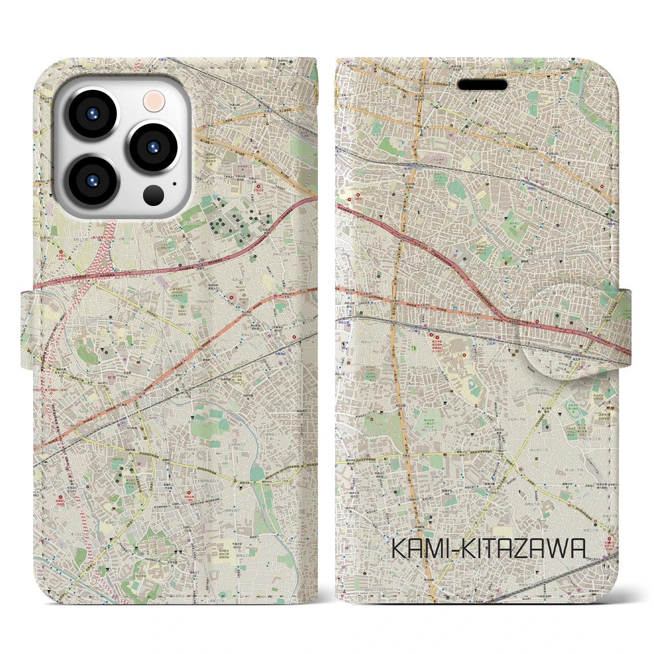 【上北沢(東京都)】地図柄iPhoneケース(手帳タイプ)ナチュラル・iPhone 13 Pro 用