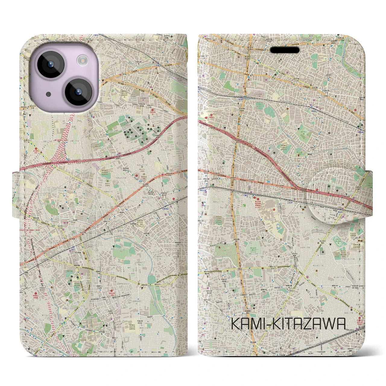 【上北沢(東京都)】地図柄iPhoneケース(手帳タイプ)ナチュラル・iPhone 14 用