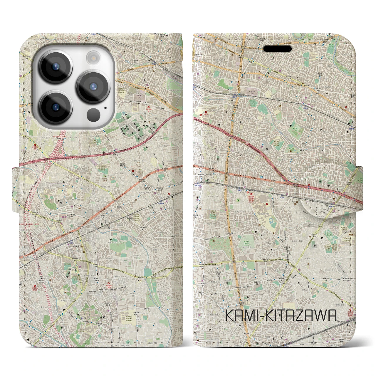 【上北沢(東京都)】地図柄iPhoneケース(手帳タイプ)ナチュラル・iPhone 14 Pro 用