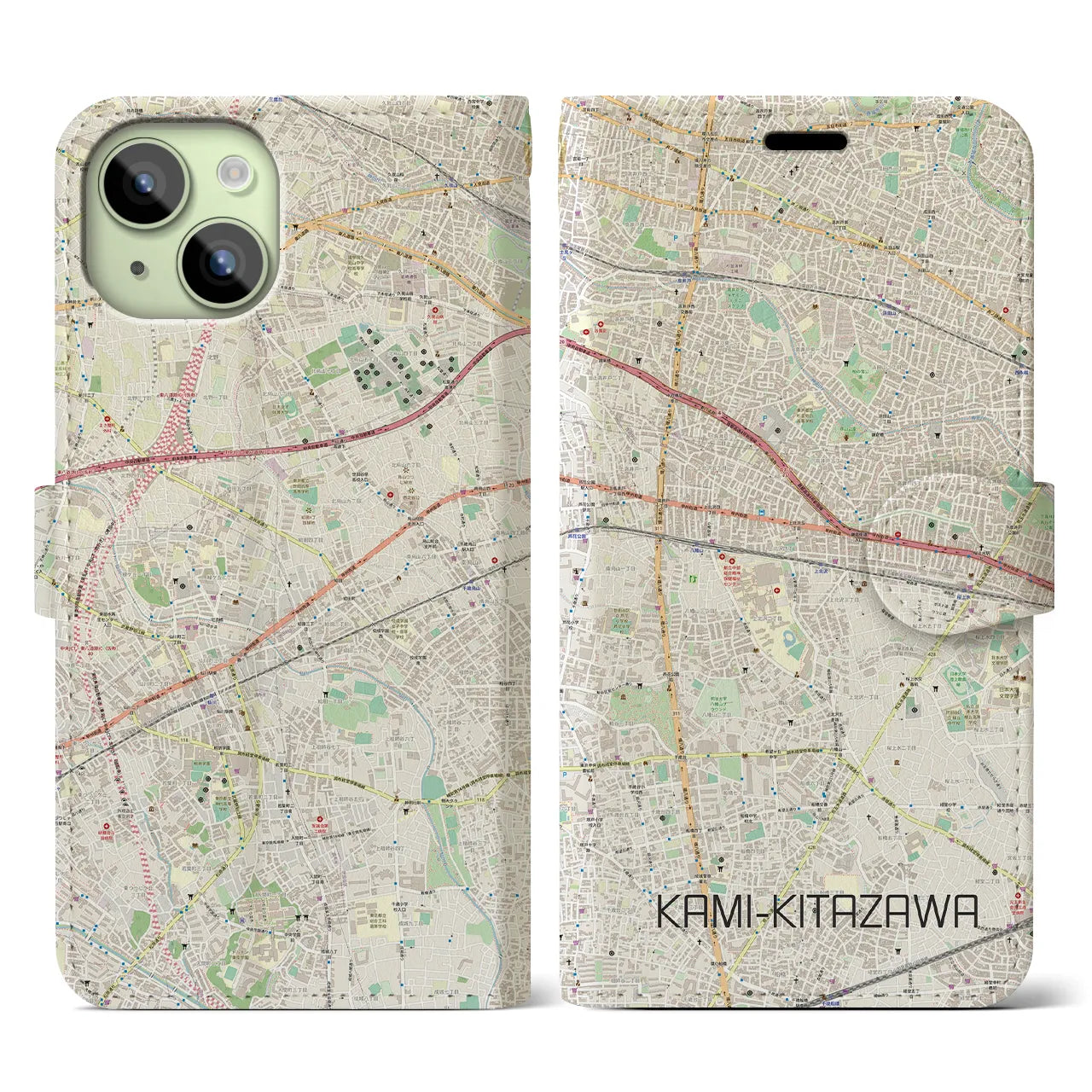 【上北沢(東京都)】地図柄iPhoneケース(手帳タイプ)ナチュラル・iPhone 15 用