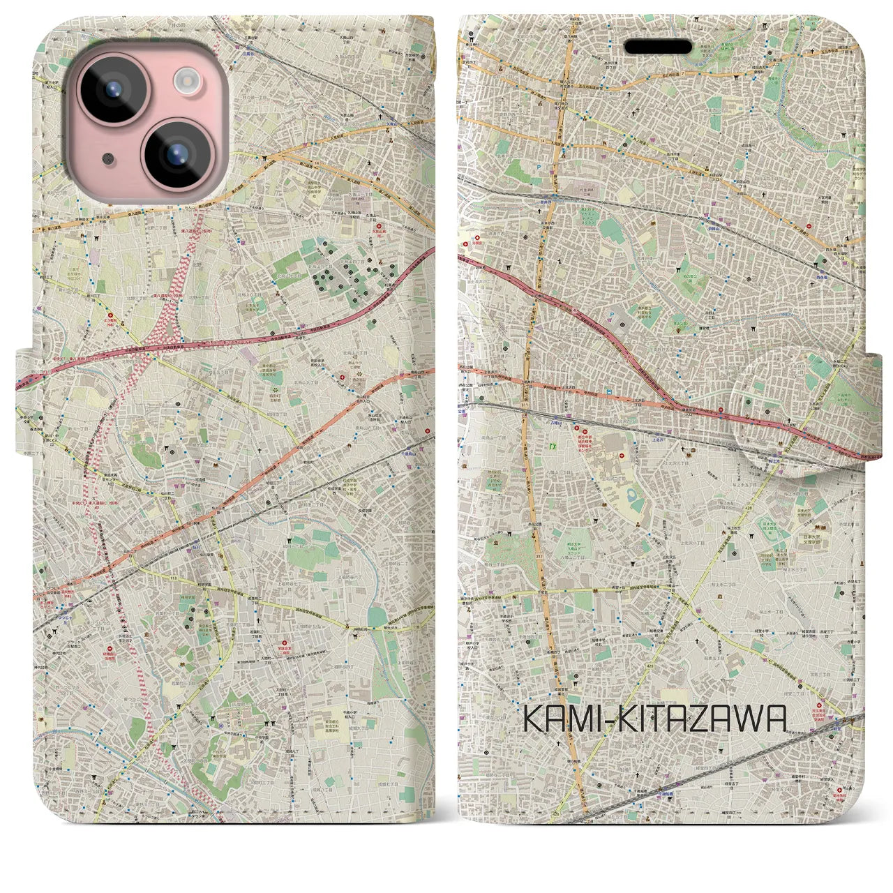 【上北沢(東京都)】地図柄iPhoneケース(手帳タイプ)ナチュラル・iPhone 15 Plus 用
