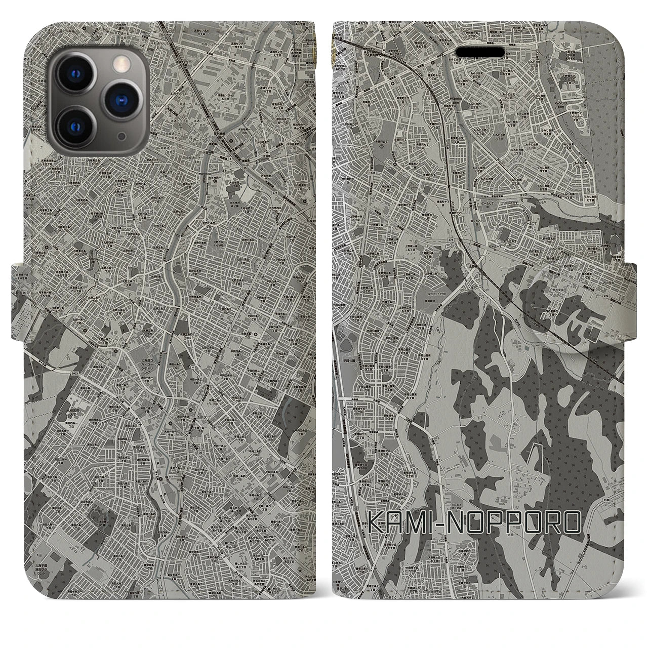 【上野幌(北海道)】地図柄iPhoneケース(手帳タイプ)モノトーン・iPhone 11 Pro Max 用