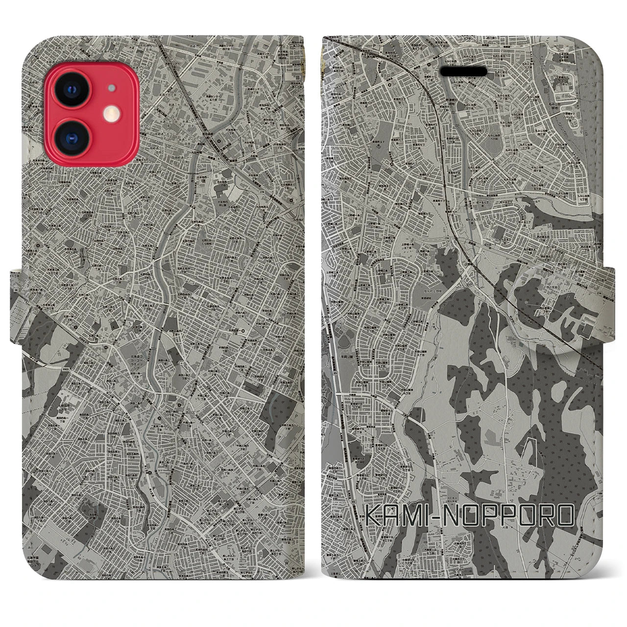 【上野幌(北海道)】地図柄iPhoneケース(手帳タイプ)モノトーン・iPhone 11 用