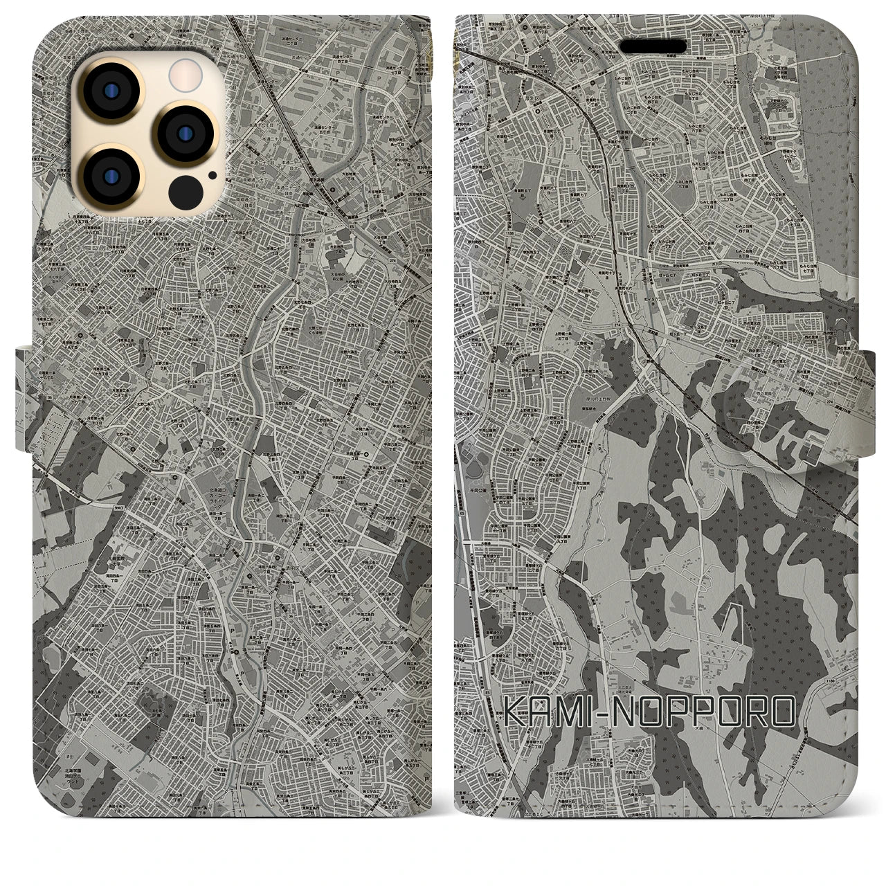 【上野幌(北海道)】地図柄iPhoneケース(手帳タイプ)モノトーン・iPhone 12 Pro Max 用