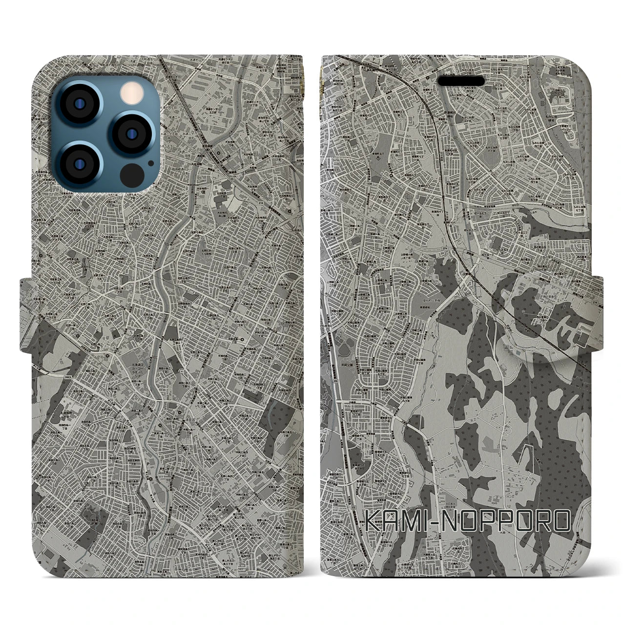 【上野幌(北海道)】地図柄iPhoneケース(手帳タイプ)モノトーン・iPhone 12 / 12 Pro 用