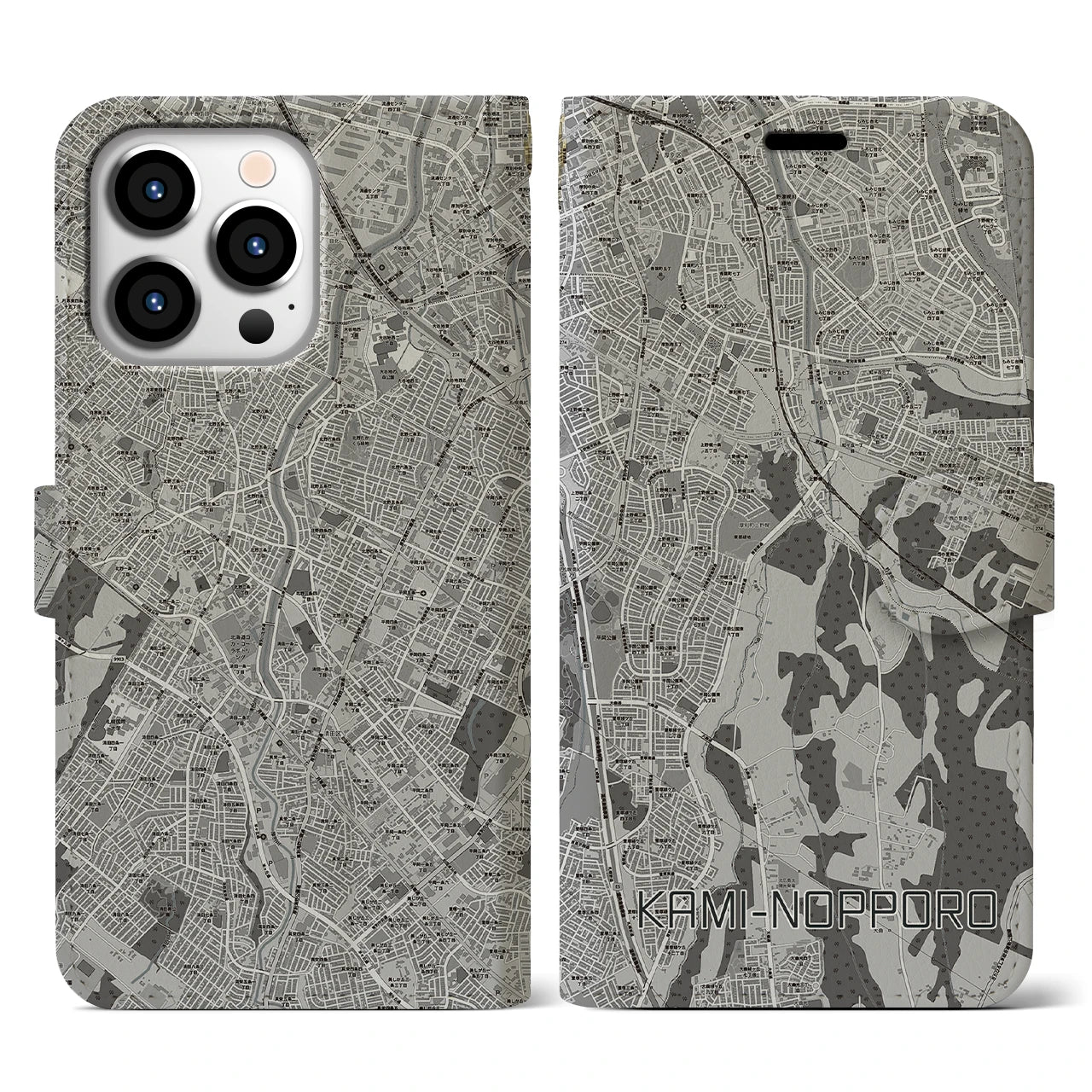 【上野幌(北海道)】地図柄iPhoneケース(手帳タイプ)モノトーン・iPhone 13 Pro 用